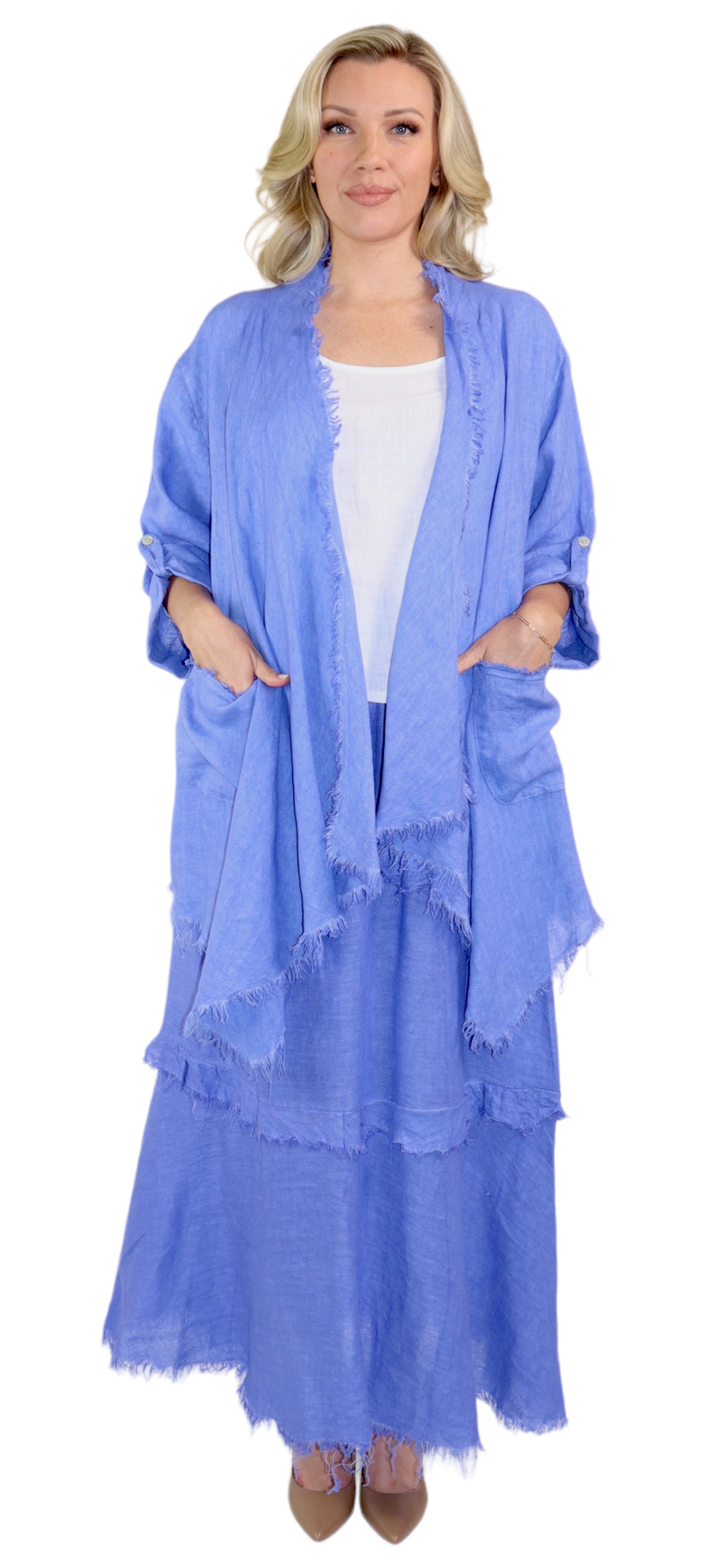 Womens 100% Linen 2 Piece Duster Jacket + Tiered Ruffled Skirt Set, Relaxed Comfy Fit | One Size (Fits S-2X)