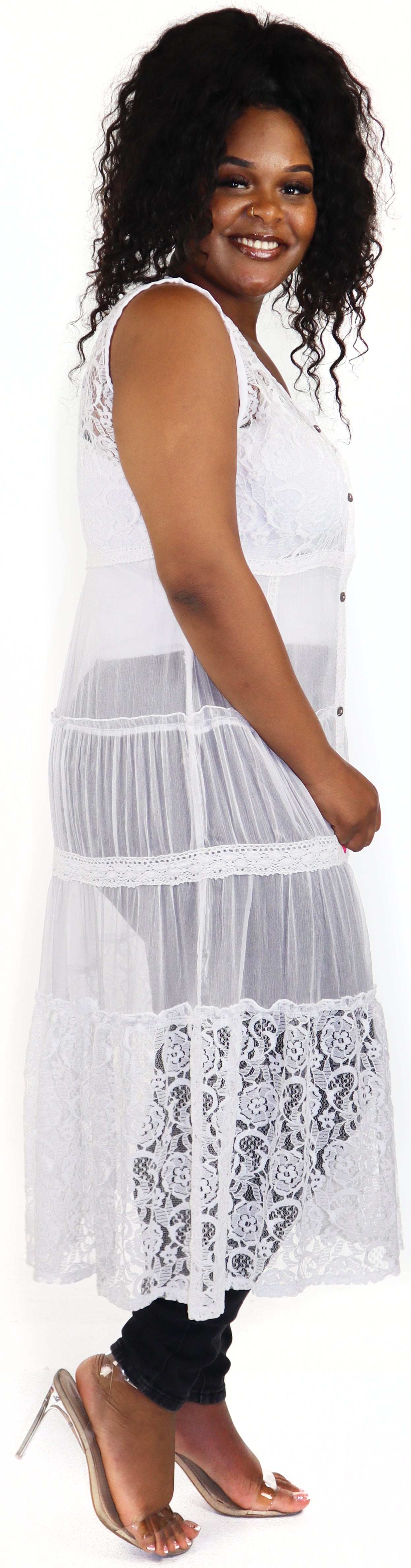 Women Elegant Laced Embroidered Button Down Sleeveless Duster, women lace Cardigan, Plus Size Jacket, Midi Length, One Size Fits All M-XL