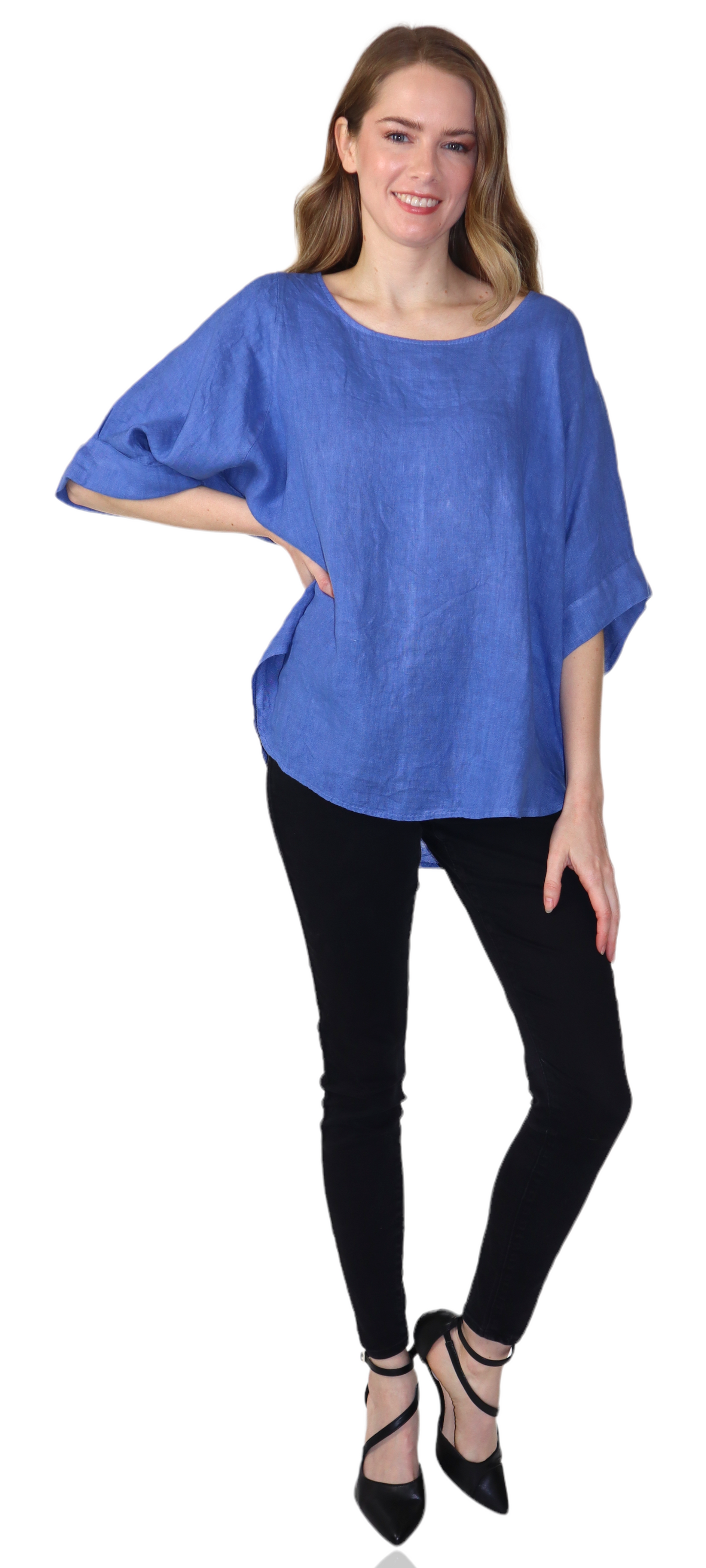 Womens 100% High Low Relaxed Fit Baggy Oversized Tunic Blouse Tee Top with Roll Up Sleeves | One Size Fits All