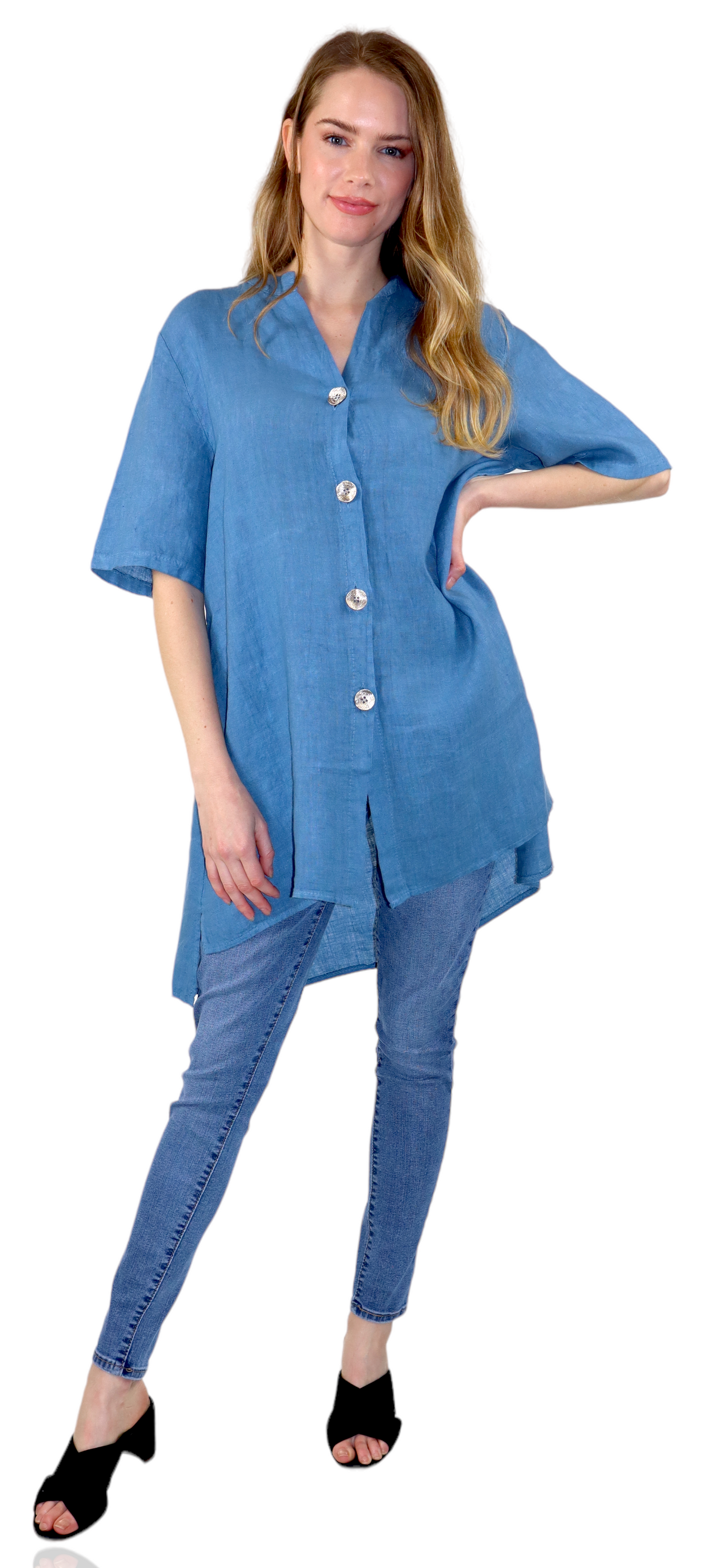 Womens Linen Button Down High Low Tunic Blouse Dress Top