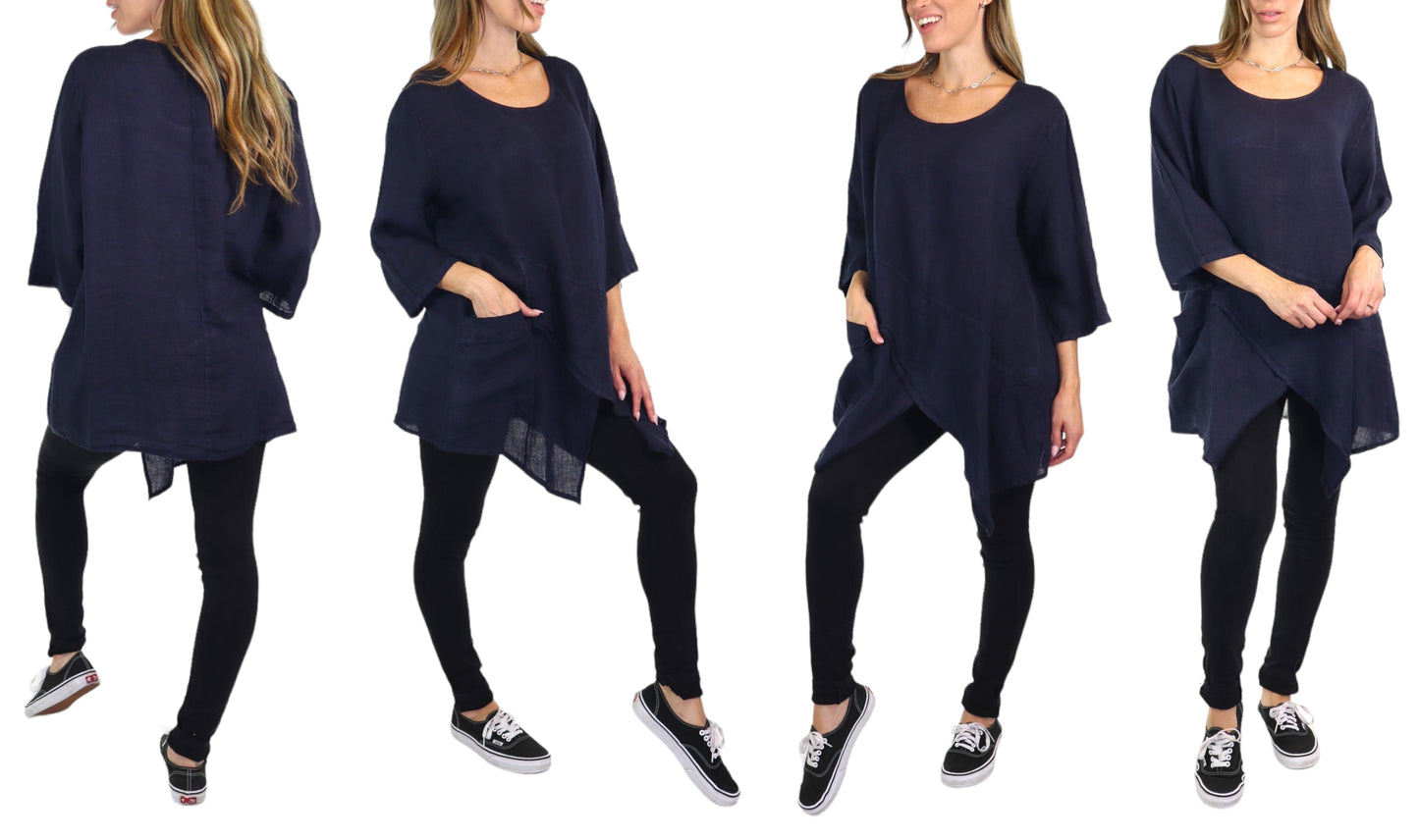 Linen Asymmetrical Tunic Blouse Top | One Size Fits All (Fits S-2X)