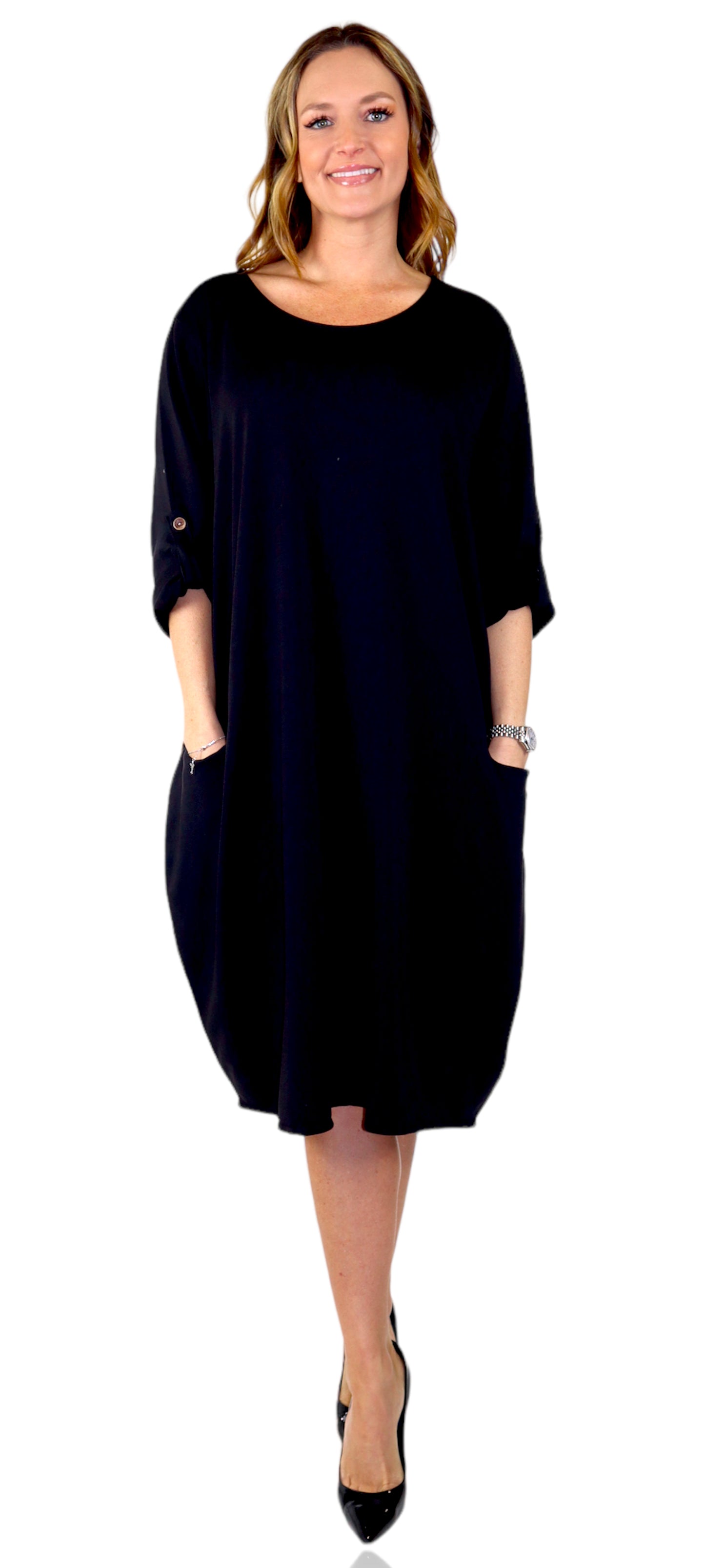 Womens Relaxed Fit Midi Dress with Ballon Hem and Front Pockets