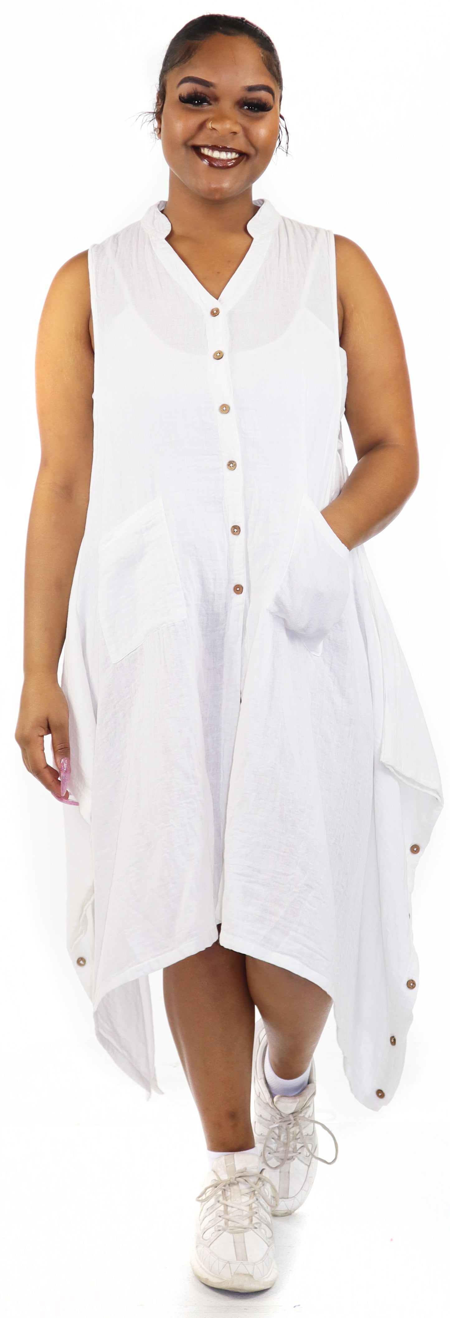 Women Boho Linen Sleeveless Button Down Midi Dress Top, Romper w/ Front Pockets, Reg and Plus Sizes