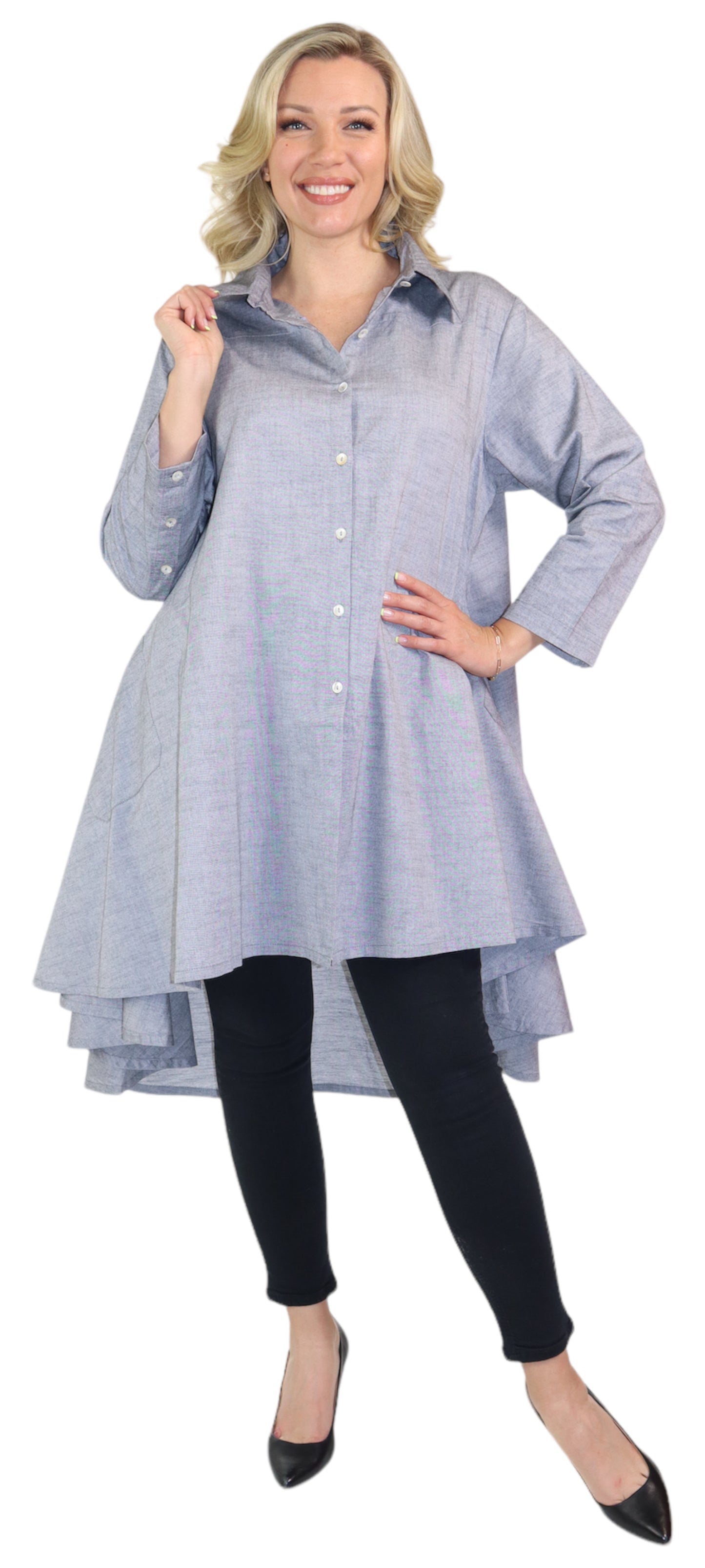 New Hi Low Button Down A Line Swing Dress Shirt, Reg and Plus Sizes, Cotton Chambray