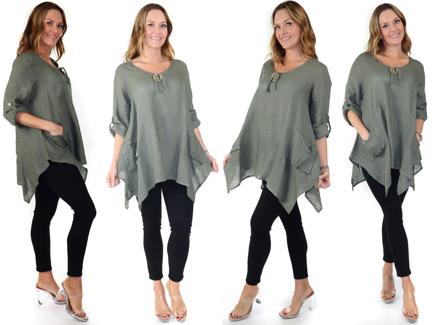 Womens Linen Relaxed Fit Oversized Tunic Blouse Top with Front Pockets and Asymmetrical Hem | Regular and Plus Sizes