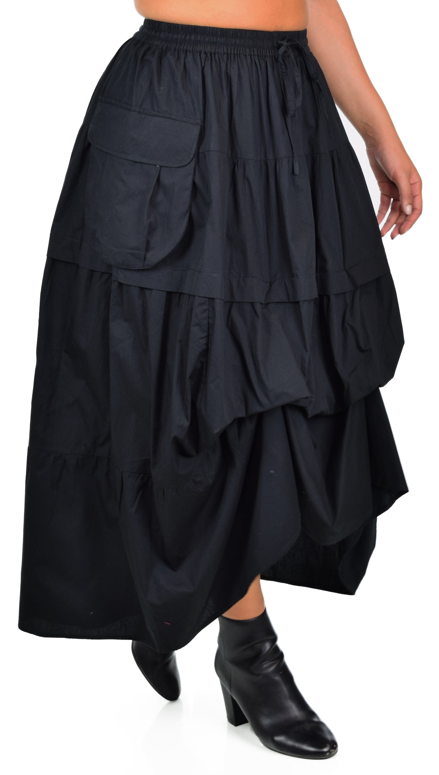 Women Black Plus Size Broomstick Skirt, 3 Tiered Midi Ruffle Skirt