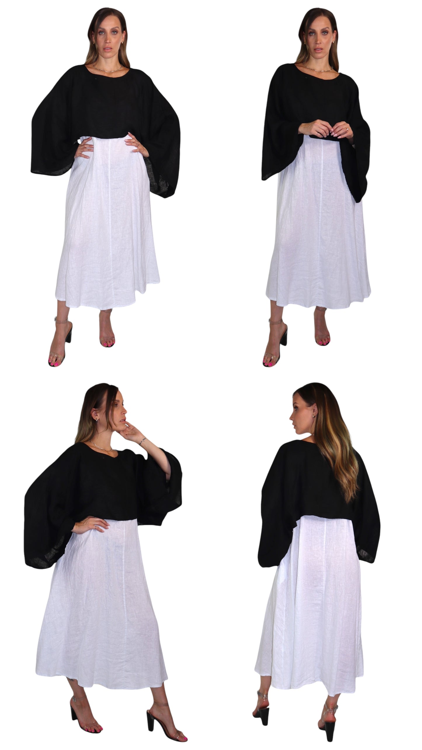 Womens 2 Piece Linen High Fashion Bell Sleeved Flounce Crop Top and Sleeveless Dress Set | One Size (Fits S-L)