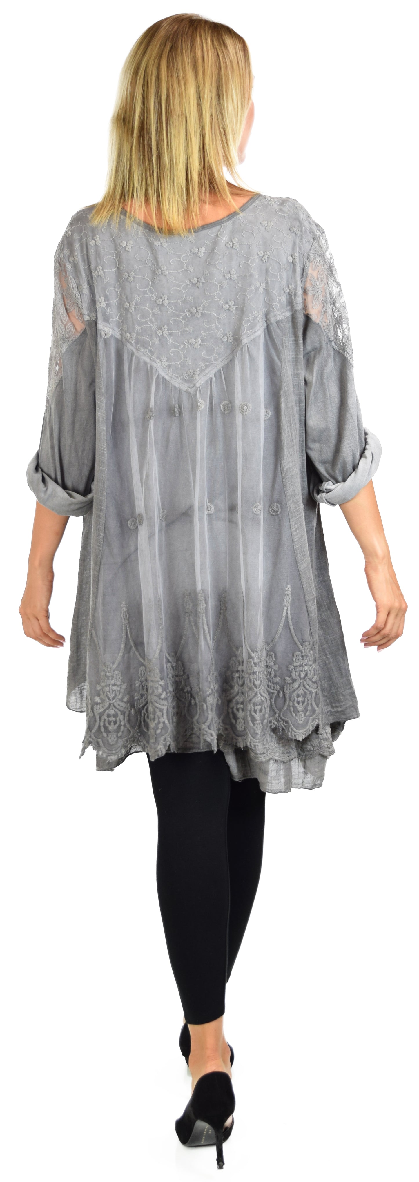 Women Plus Size Lace Blouse Top with Roll Up Sleeves