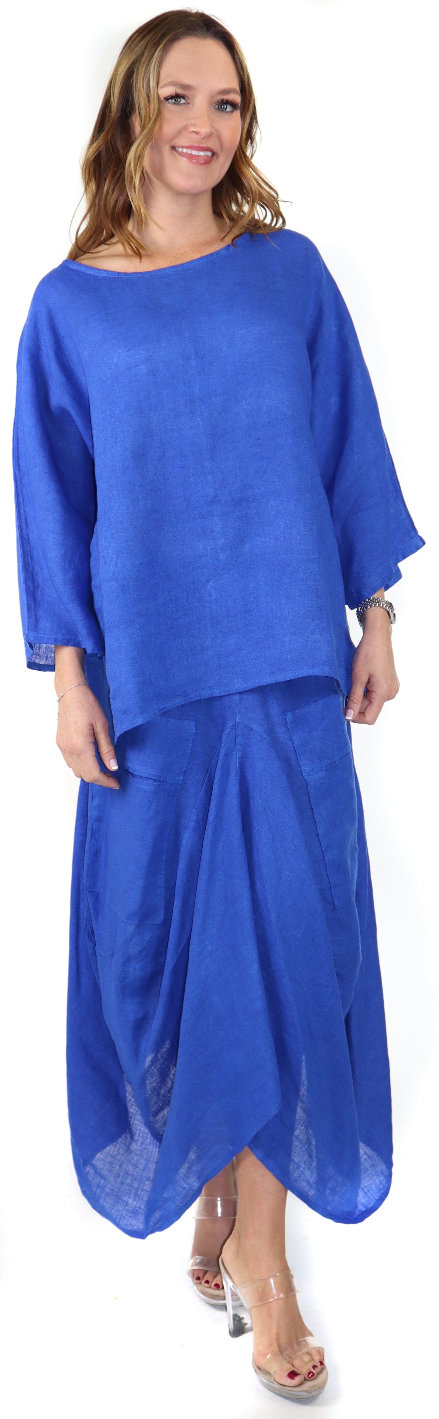 Linen Boho Breathable 2 Piece Pure Washed European Skirt and Top Set, Made in Italy Active