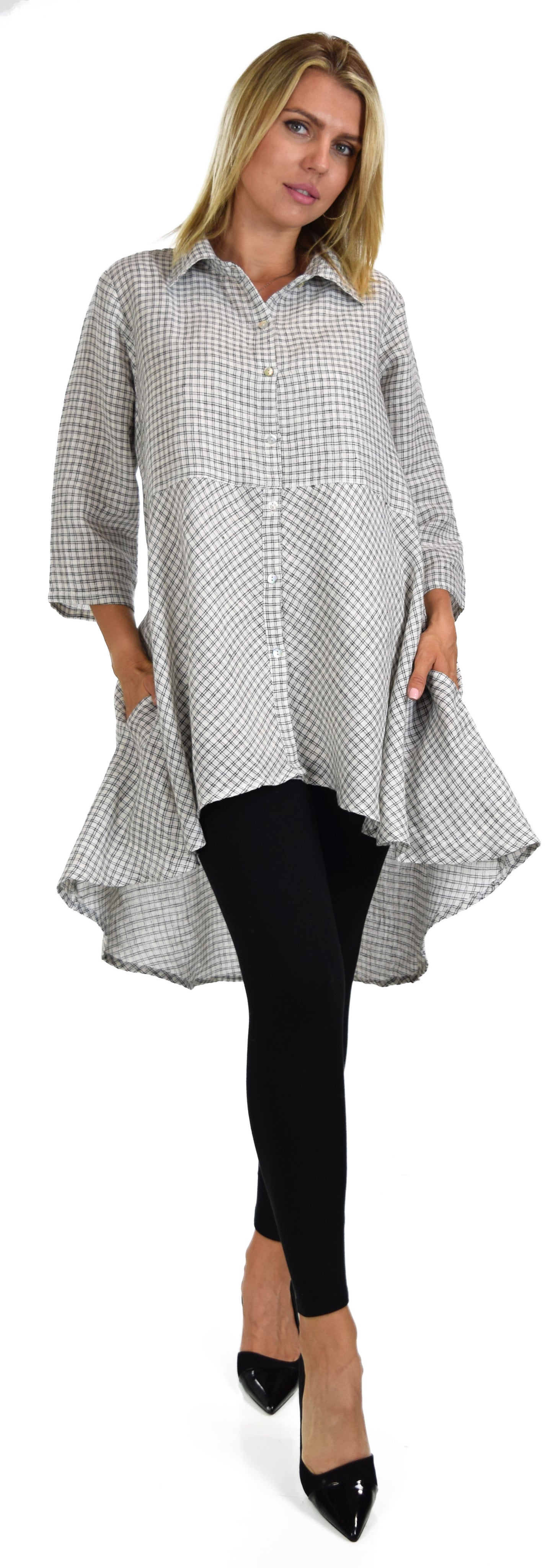 Copy of Hi Low Button Down A Line Swing Dress Shirt Top Reg and Plus Sizes