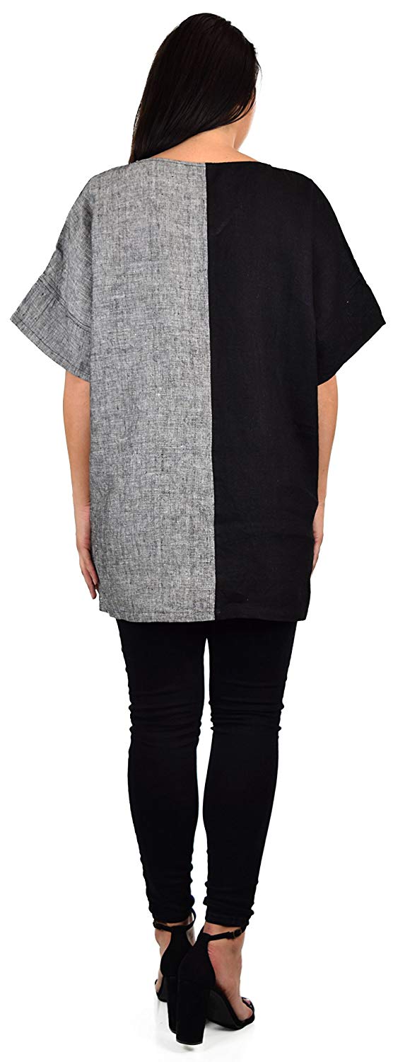Zopali Women's 100% Linen Two Tone Oversized Tunic Shirt Top | Plus & Reg Sizes