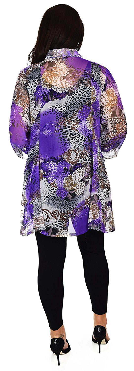 Button Down Semi-Sheer Tunic Blouse Shirt w/ Roll Up Sleeves