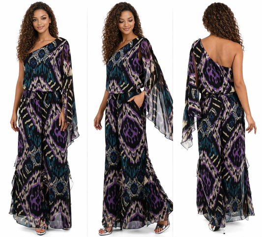 Summer one shoulder cape sleeve chiffon Palazzo Pants, chiffon palazzo pants