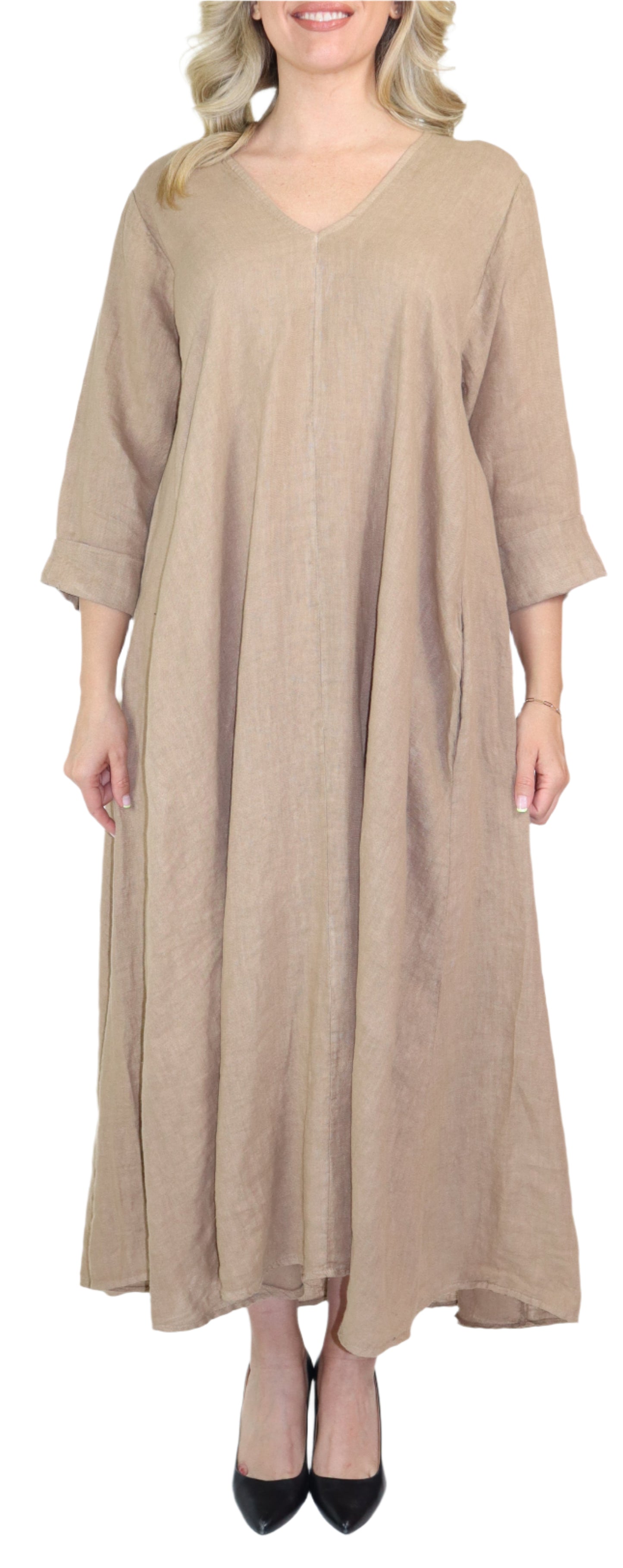 Women's Denim Linen Swing Maxi Dress, Loose Fitting, Made in Italy | Regular and Plus Sizes