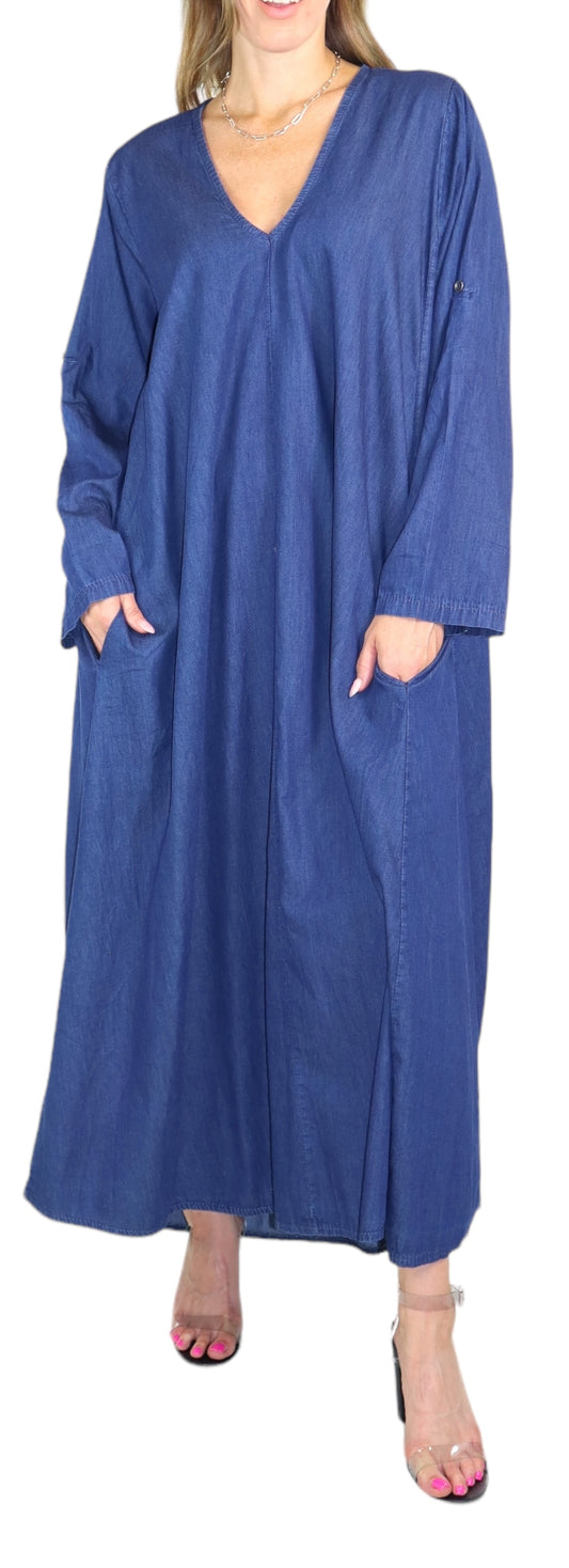 Women's Denim Linen Swing Maxi Dress, Loose Fitting, Made in Italy | Regular and Plus Sizes