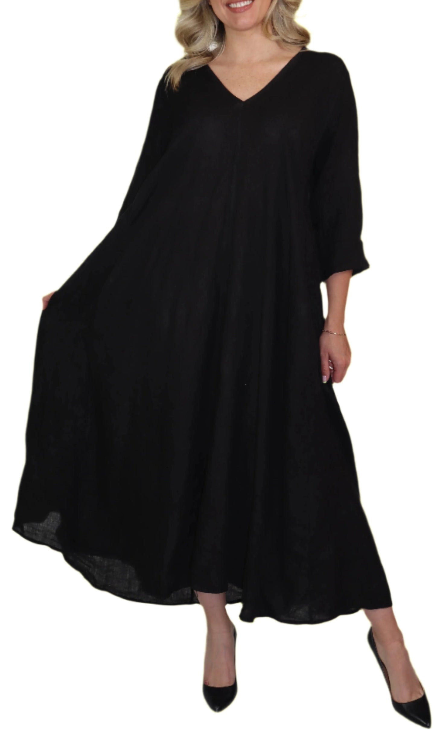 Women's Denim Linen Swing Maxi Dress, Loose Fitting, Made in Italy | Regular and Plus Sizes