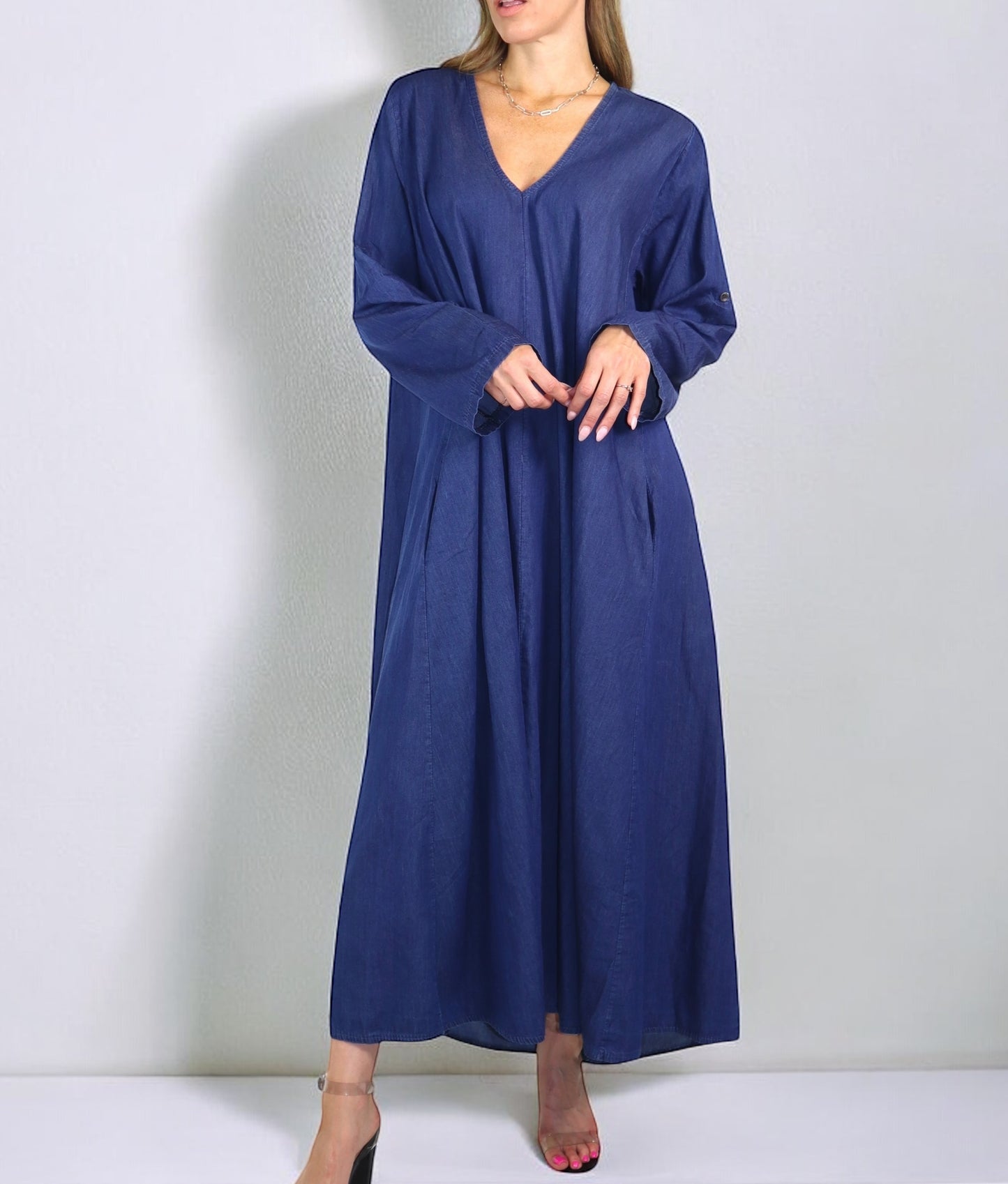 Women's Denim Linen Swing Maxi Dress, Loose Fitting, Made in Italy | Regular and Plus Sizes