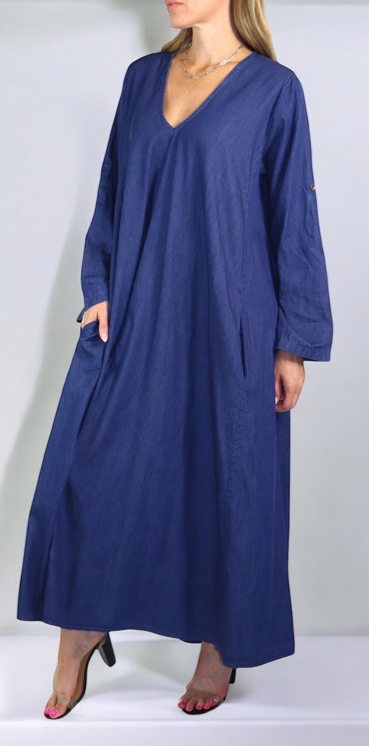 Women's Denim Linen Swing Maxi Dress, Loose Fitting, Made in Italy | Regular and Plus Sizes