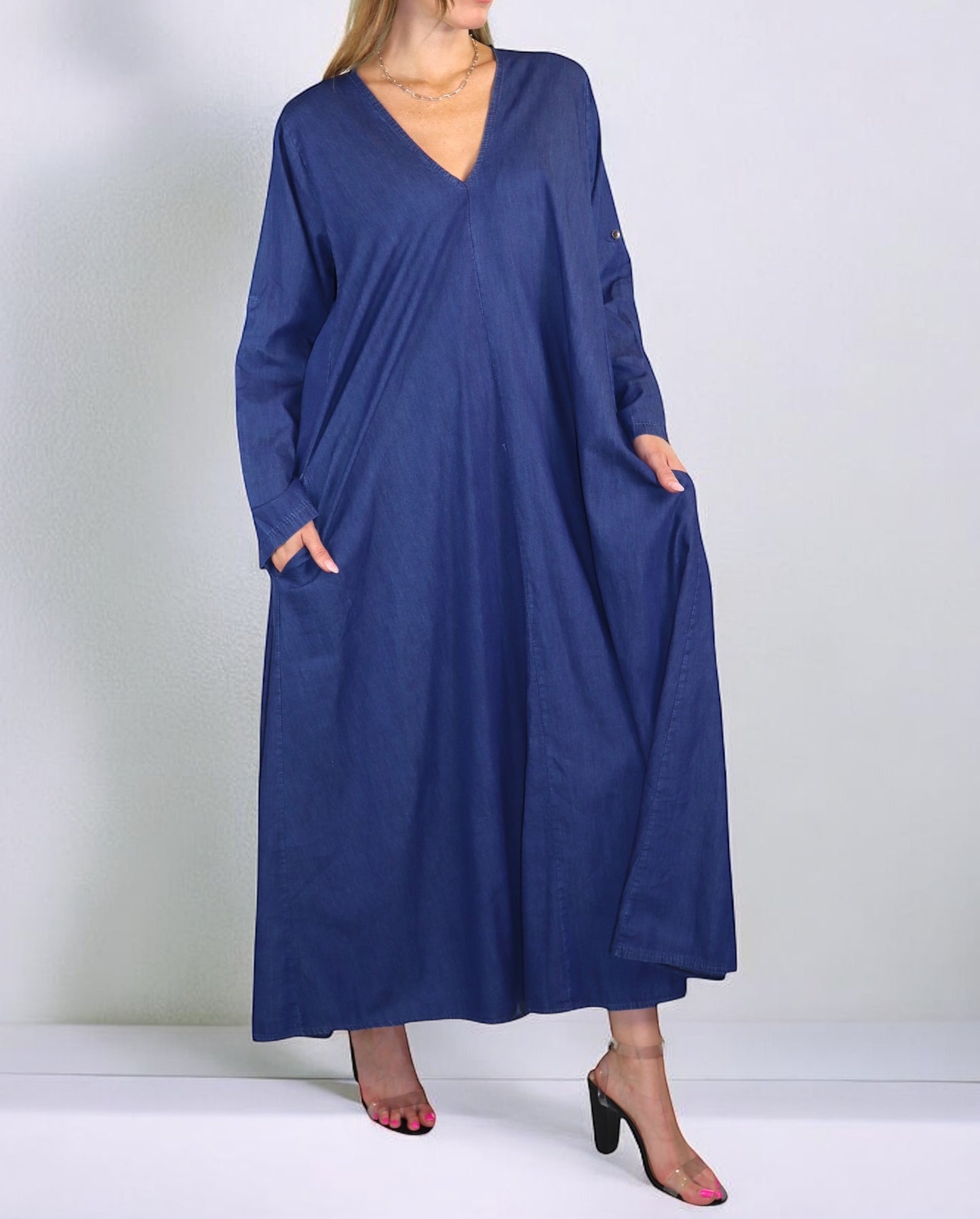 Women's Denim Linen Swing Maxi Dress, Loose Fitting, Made in Italy | Regular and Plus Sizes