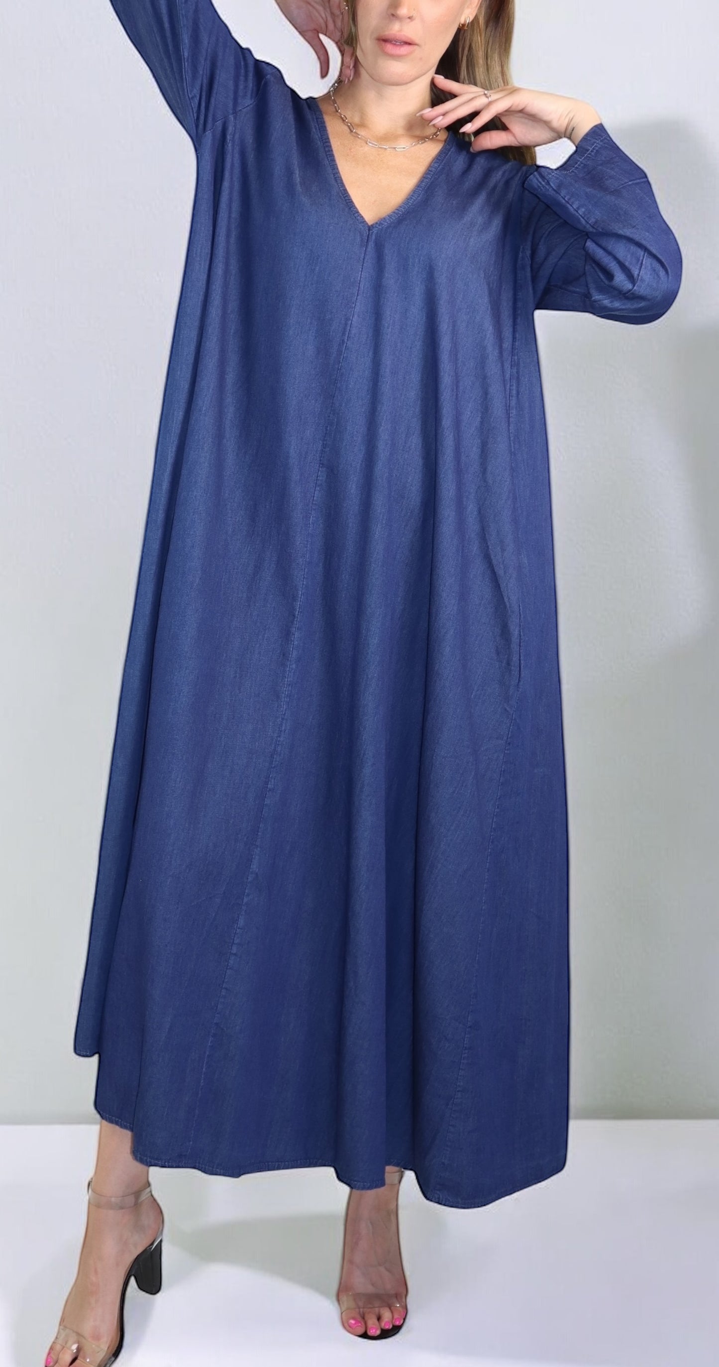 Women's Denim Linen Swing Maxi Dress, Loose Fitting, Made in Italy | Regular and Plus Sizes