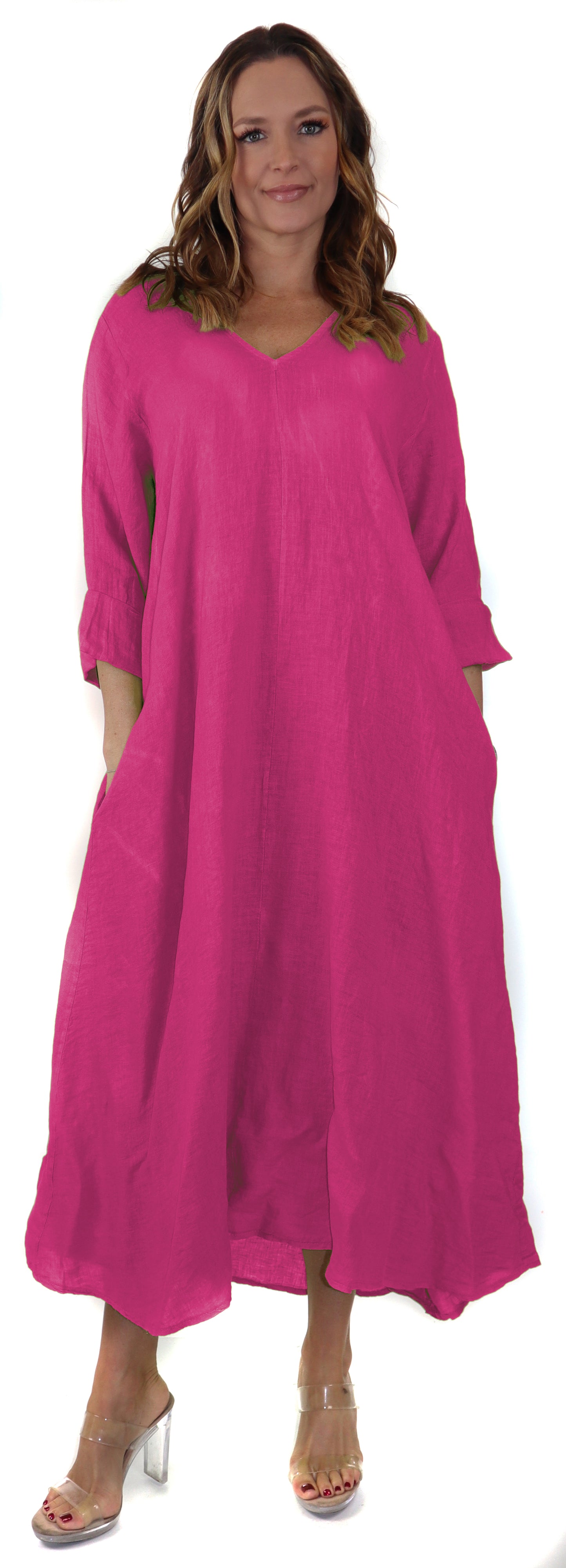 Women's Denim Linen Swing Maxi Dress, Loose Fitting, Made in Italy | Regular and Plus Sizes