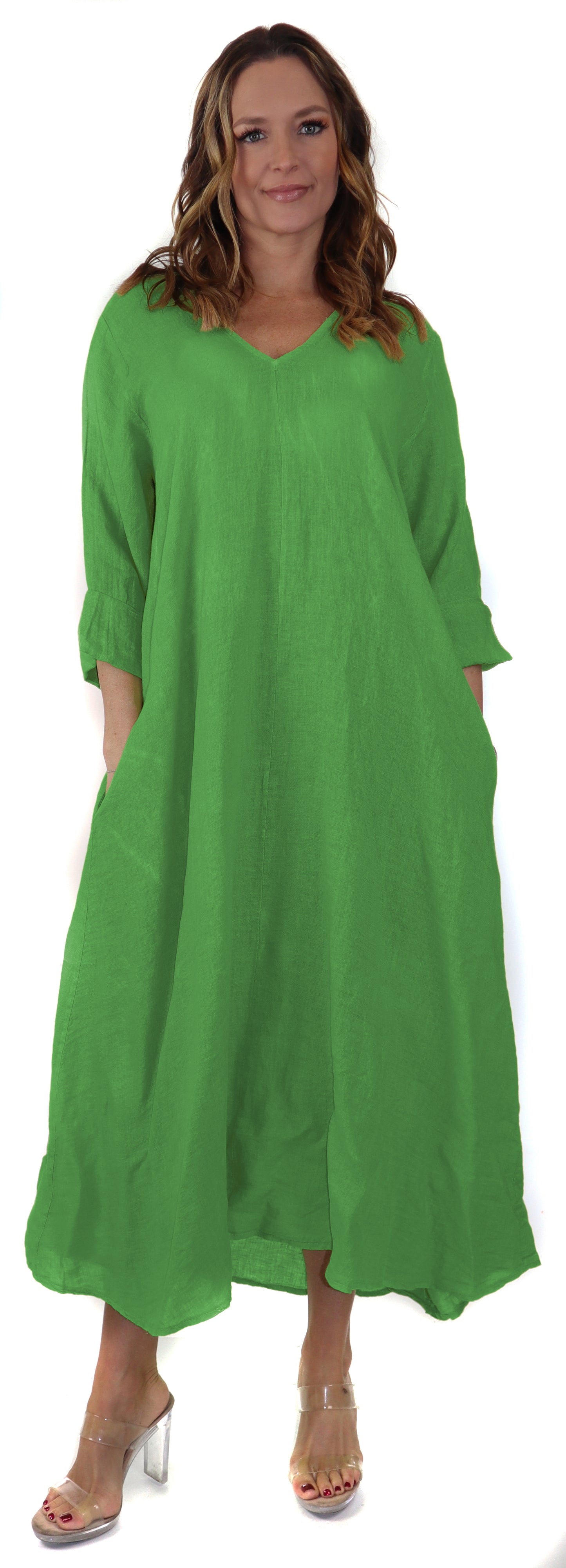 Women's Denim Linen Swing Maxi Dress, Loose Fitting, Made in Italy | Regular and Plus Sizes