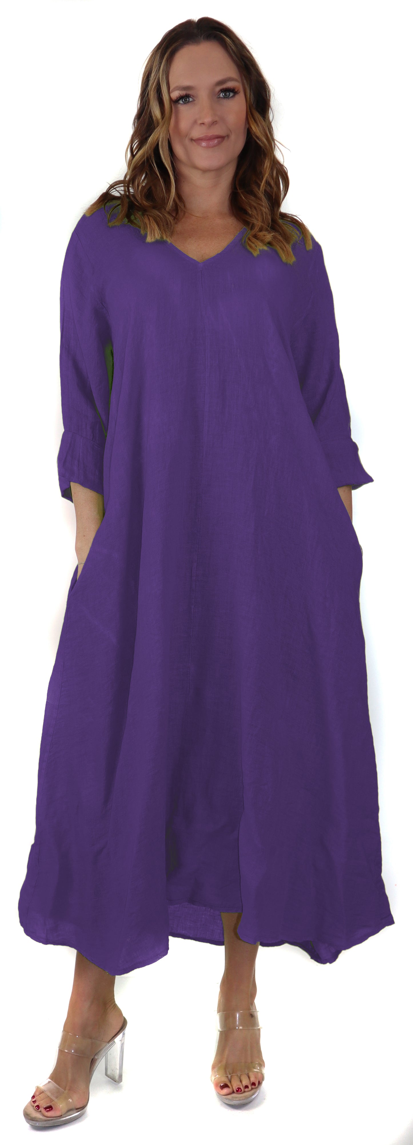 Women's Denim Linen Swing Maxi Dress, Loose Fitting, Made in Italy | Regular and Plus Sizes