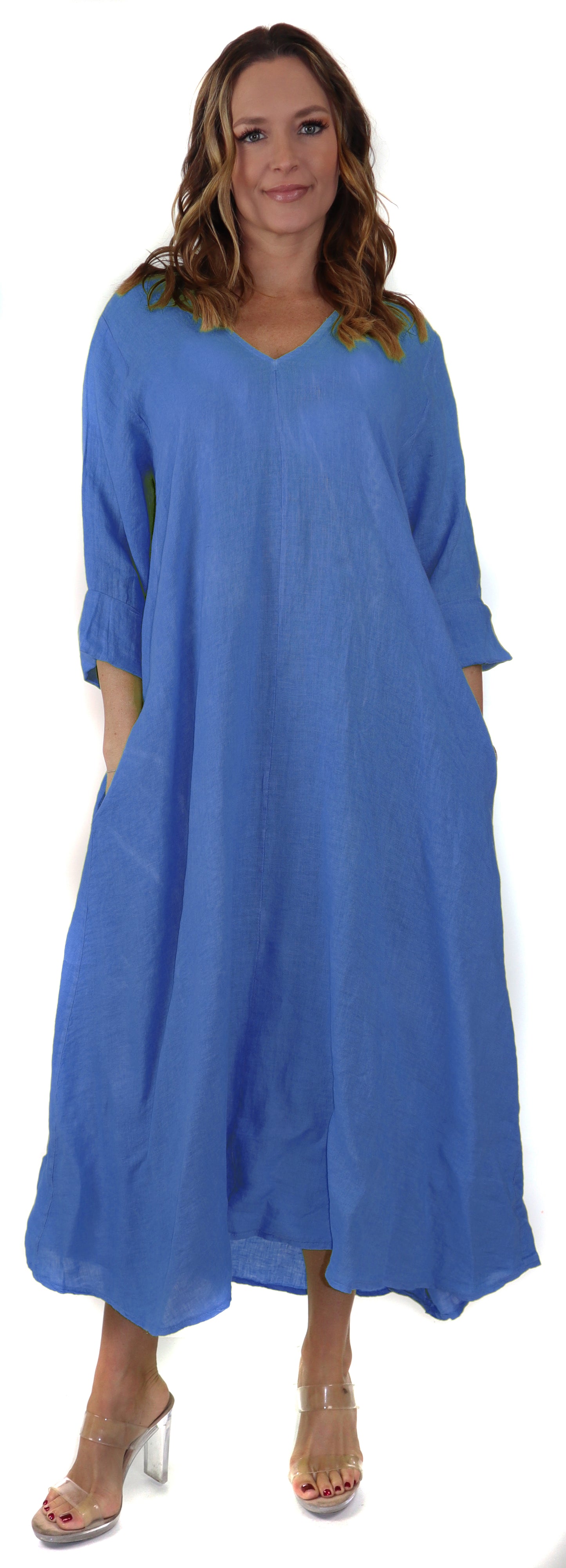 Women's Denim Linen Swing Maxi Dress, Loose Fitting, Made in Italy | Regular and Plus Sizes