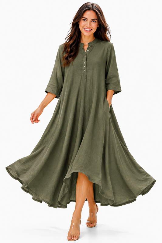 Womens Loose Fit All Natural Draped Linen Maxi Dress | One Size Fits All (S-XL)
