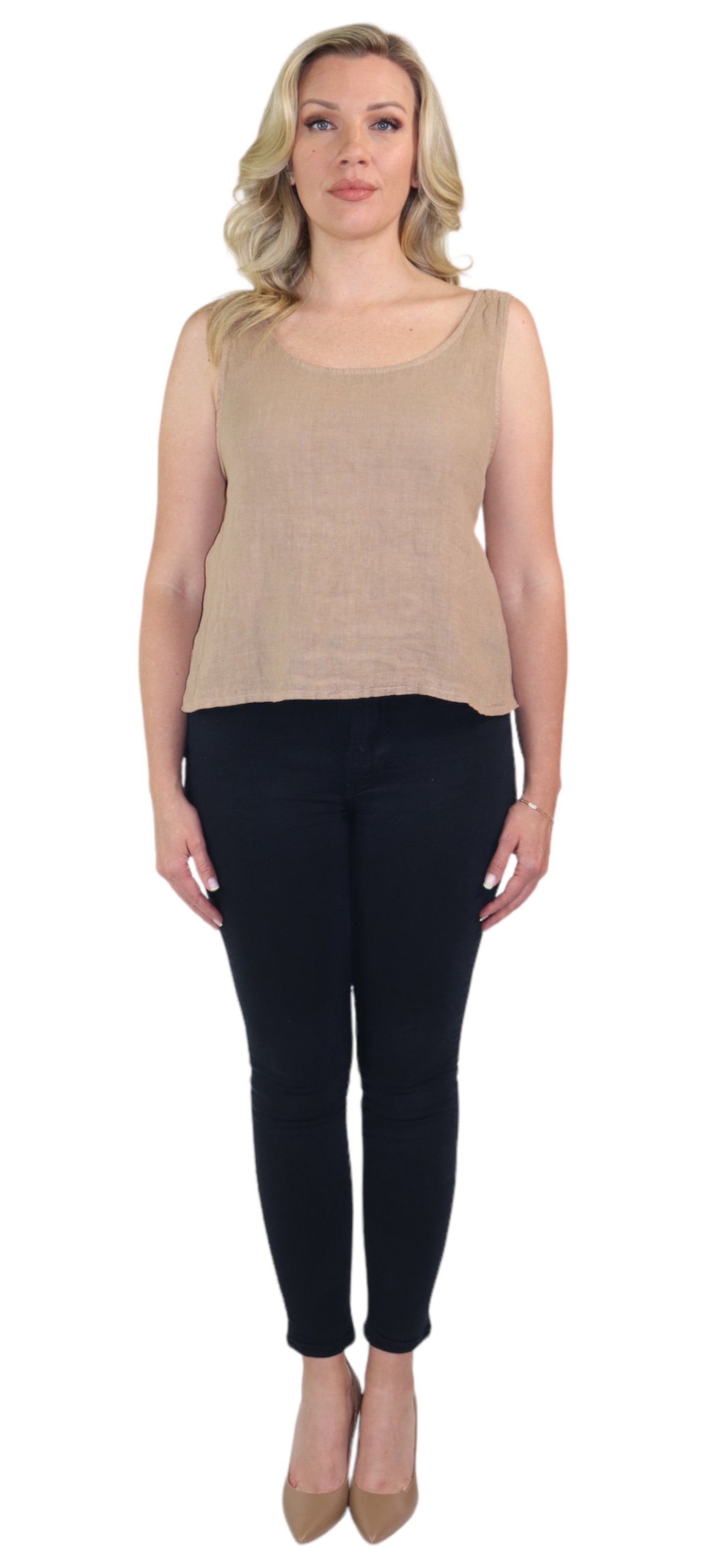 Women's 100% Linen Sleeveless Crop Tank Top Tunic with Bowtie Back
