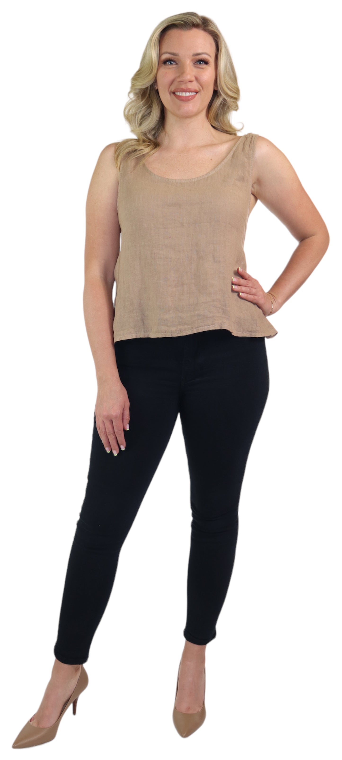 Women's 100% Linen Sleeveless Crop Tank Top Tunic with Bowtie Back