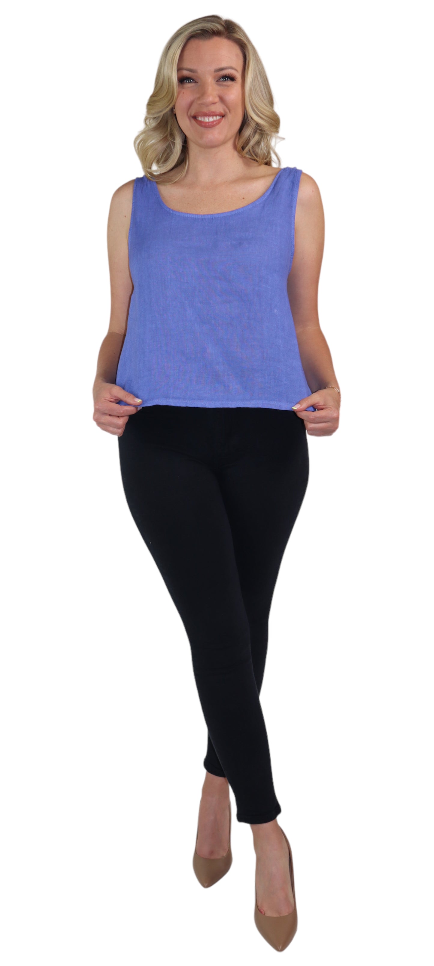Women's 100% Linen Sleeveless Crop Tank Top Tunic with Bowtie Back