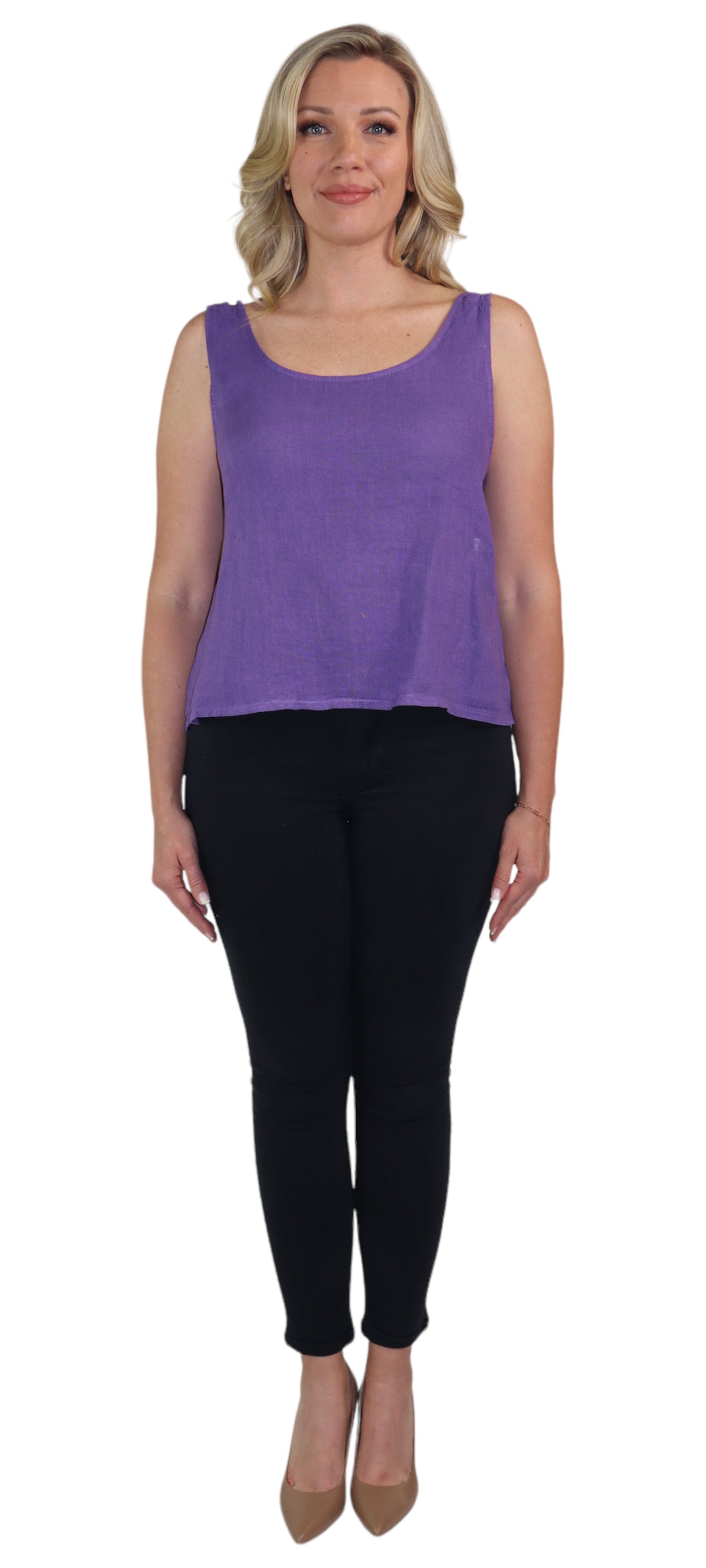 Women's 100% Linen Sleeveless Crop Tank Top Tunic with Bowtie Back