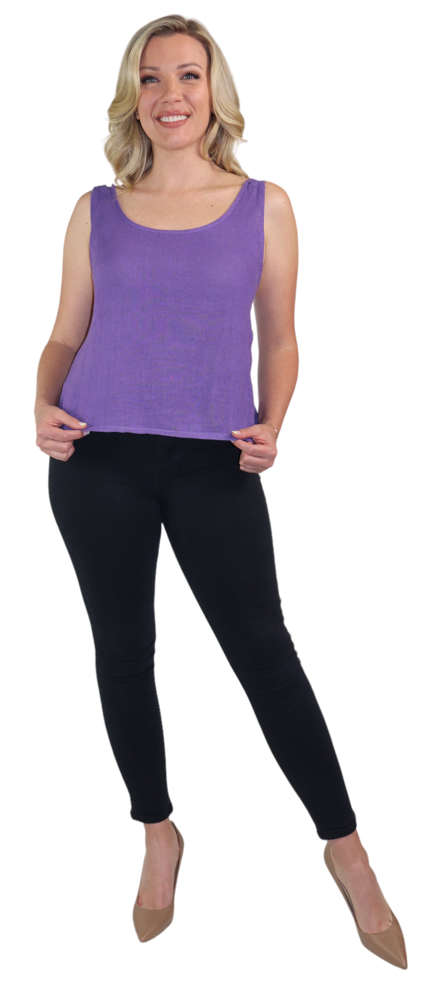 Women's 100% Linen Sleeveless Crop Tank Top Tunic with Bowtie Back