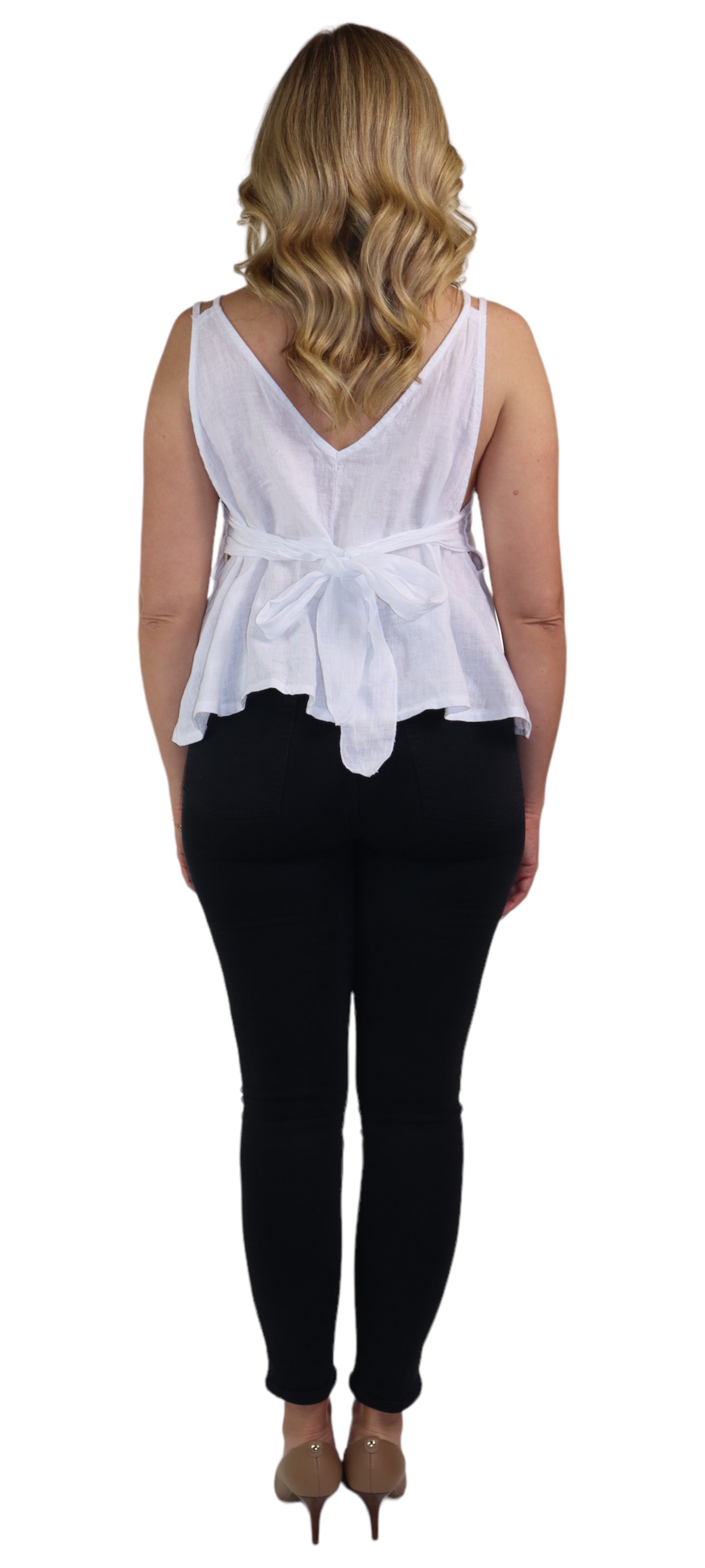 Women's 100% Linen Sleeveless Crop Tank Top Tunic with Bowtie Back