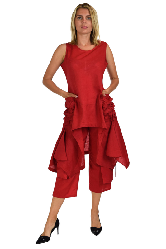 Women's 2 Piece Linen Summer Pants and Sleeveless Top Set, Regular and Plus Sizes