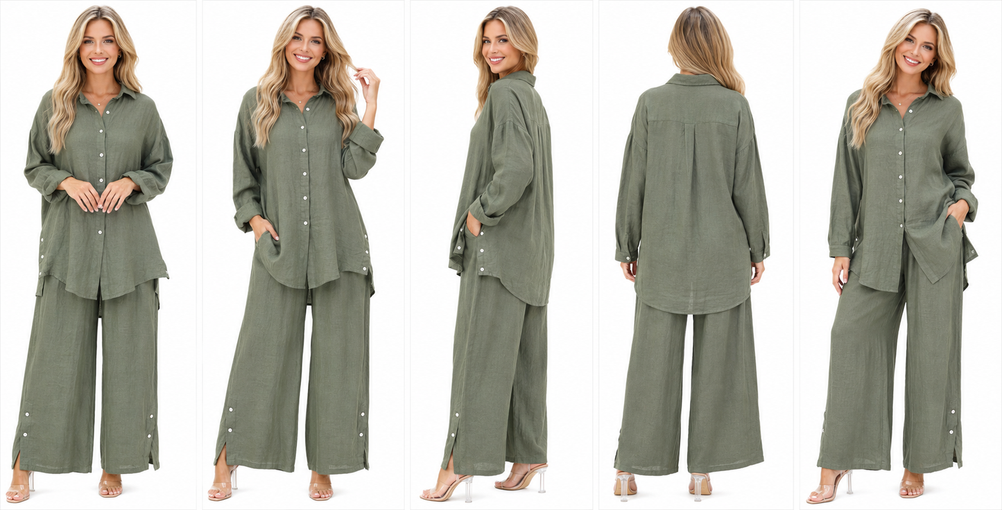 Womens 100% Linen 2 Piece Pant Set, Relaxed Comfy Fit | One Size (Fits S-3X)