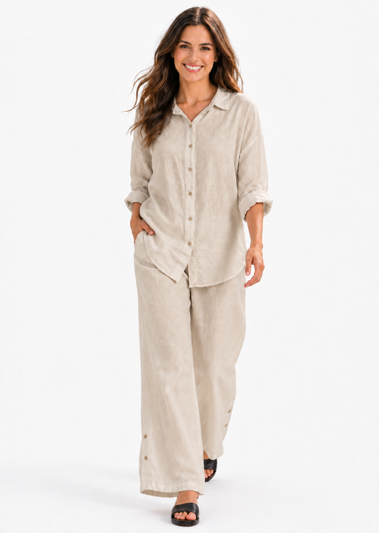 Womens 100% Linen 2 Piece Pant Set, Relaxed Comfy Fit | One Size (Fits S-3X)