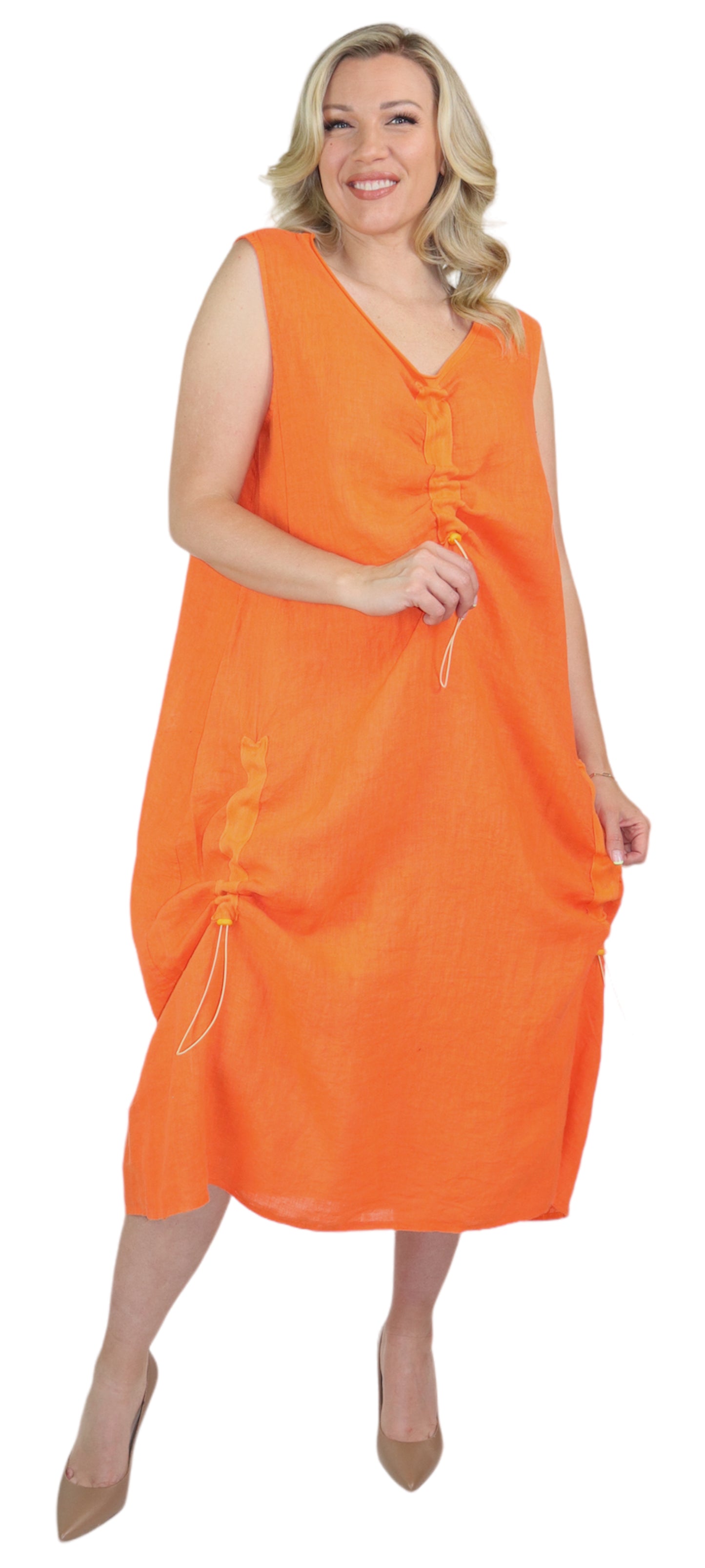 Womens All Natural Linen Ruched Dress with Adjustable Drawstring | Reg & Plus Sizes