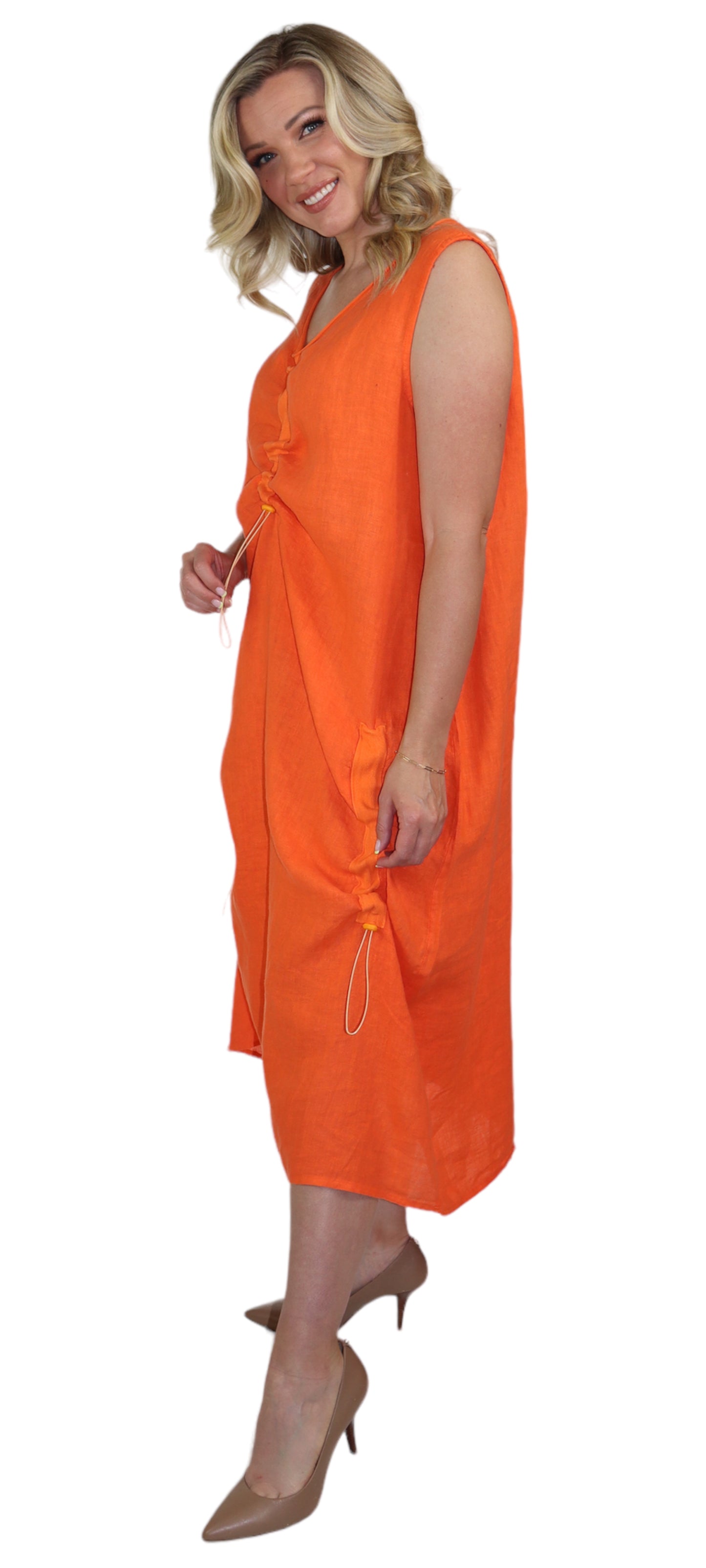 Womens All Natural Linen Ruched Dress with Adjustable Drawstring | Reg & Plus Sizes