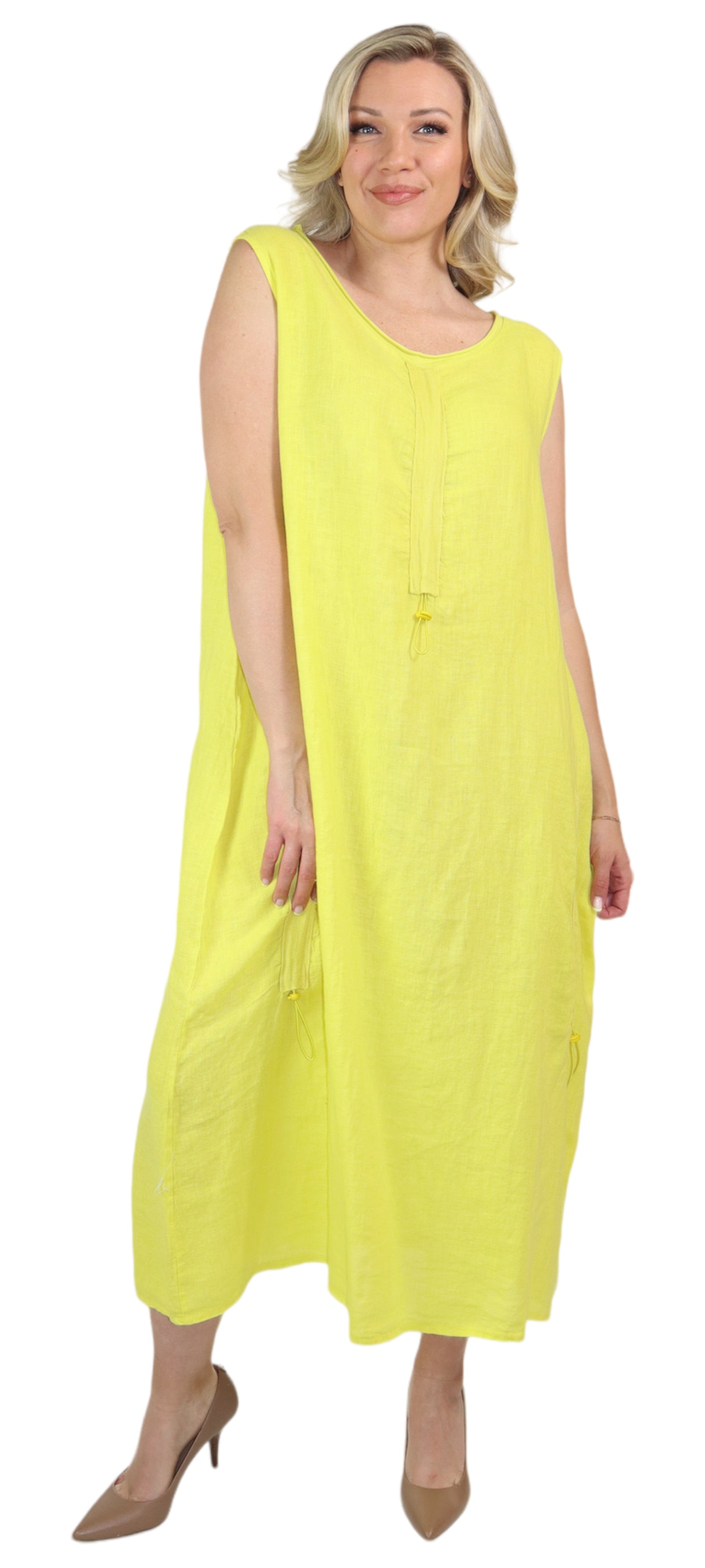 Womens All Natural Linen Ruched Dress with Adjustable Drawstring | Reg & Plus Sizes