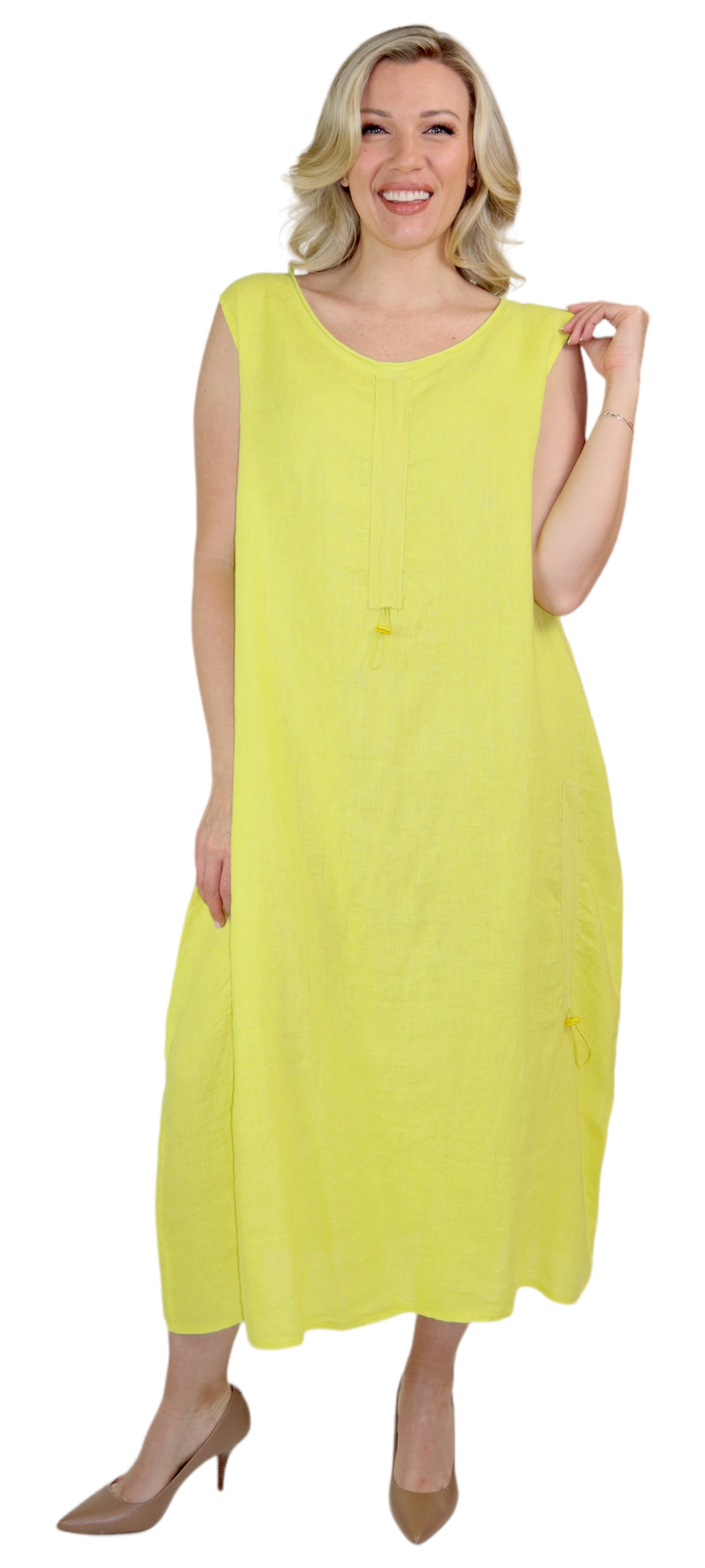 Womens All Natural Linen Ruched Dress with Adjustable Drawstring | Reg & Plus Sizes