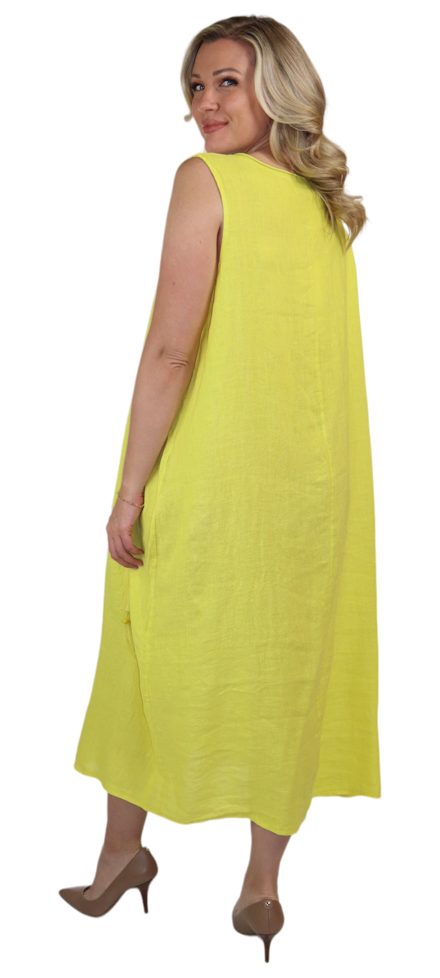 Womens All Natural Linen Ruched Dress with Adjustable Drawstring | Reg & Plus Sizes