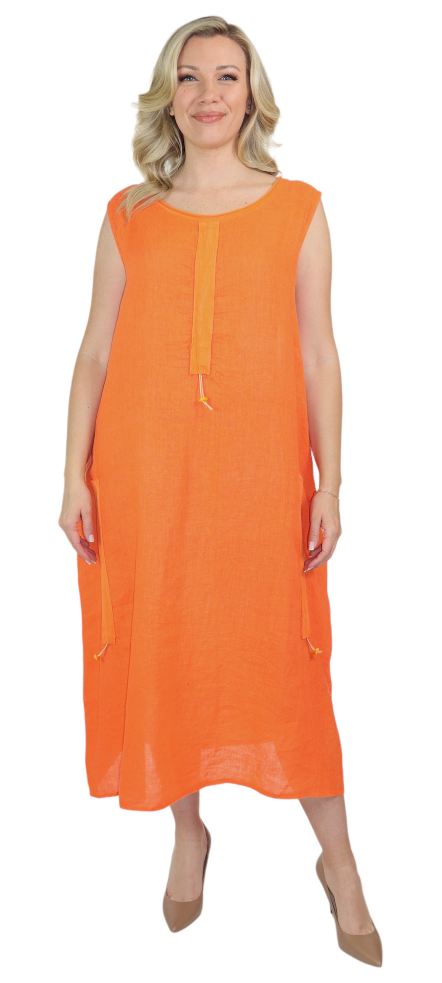 Womens All Natural Linen Ruched Dress with Adjustable Drawstring | Reg & Plus Sizes