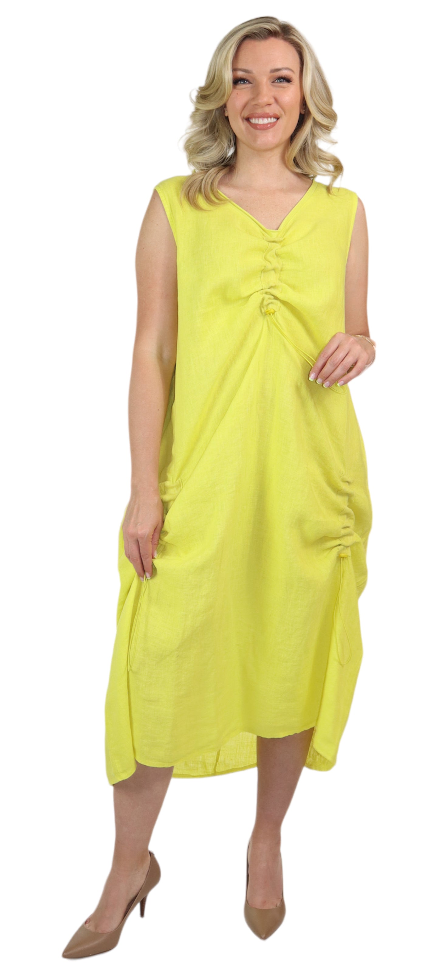 Womens All Natural Linen Ruched Dress with Adjustable Drawstring | Reg & Plus Sizes