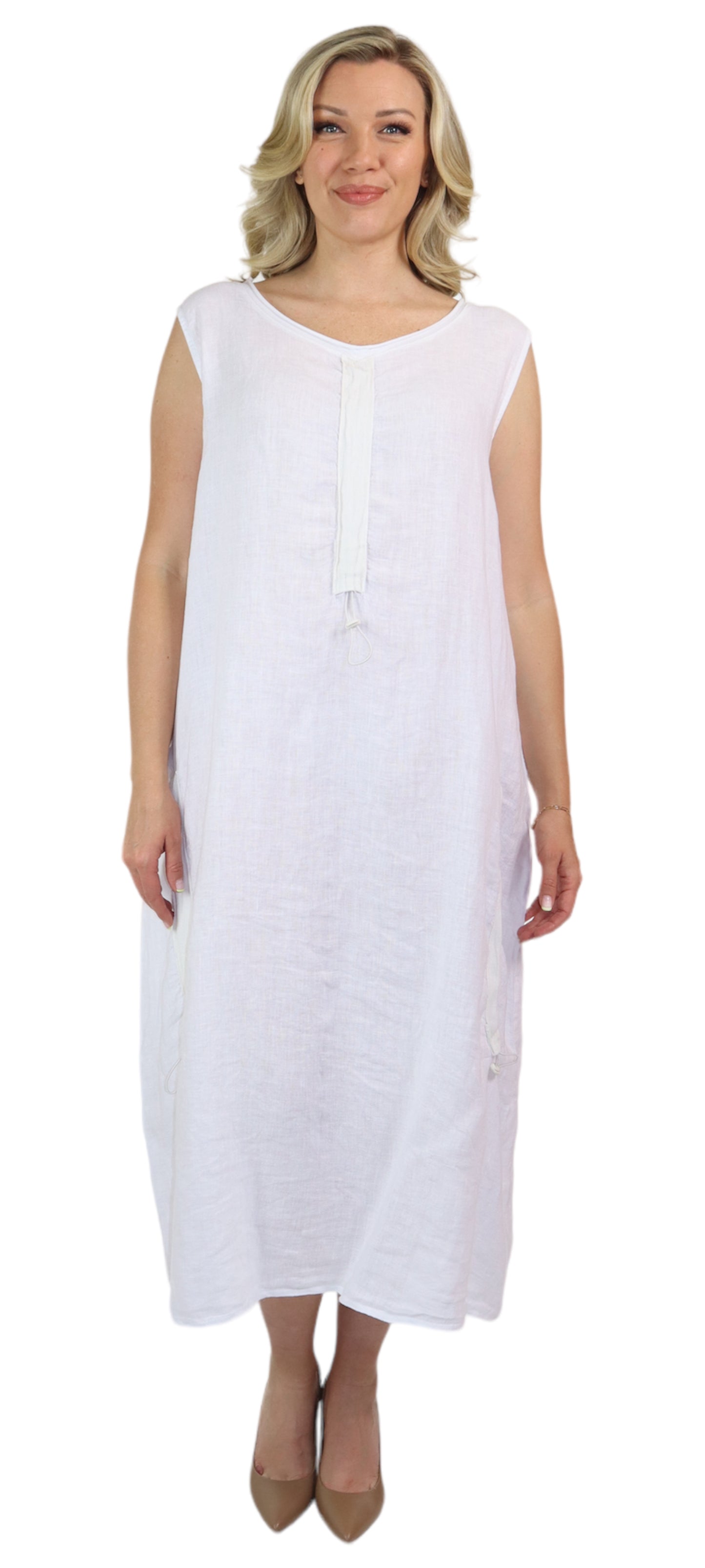 Womens All Natural Linen Ruched Dress with Adjustable Drawstring | Reg & Plus Sizes