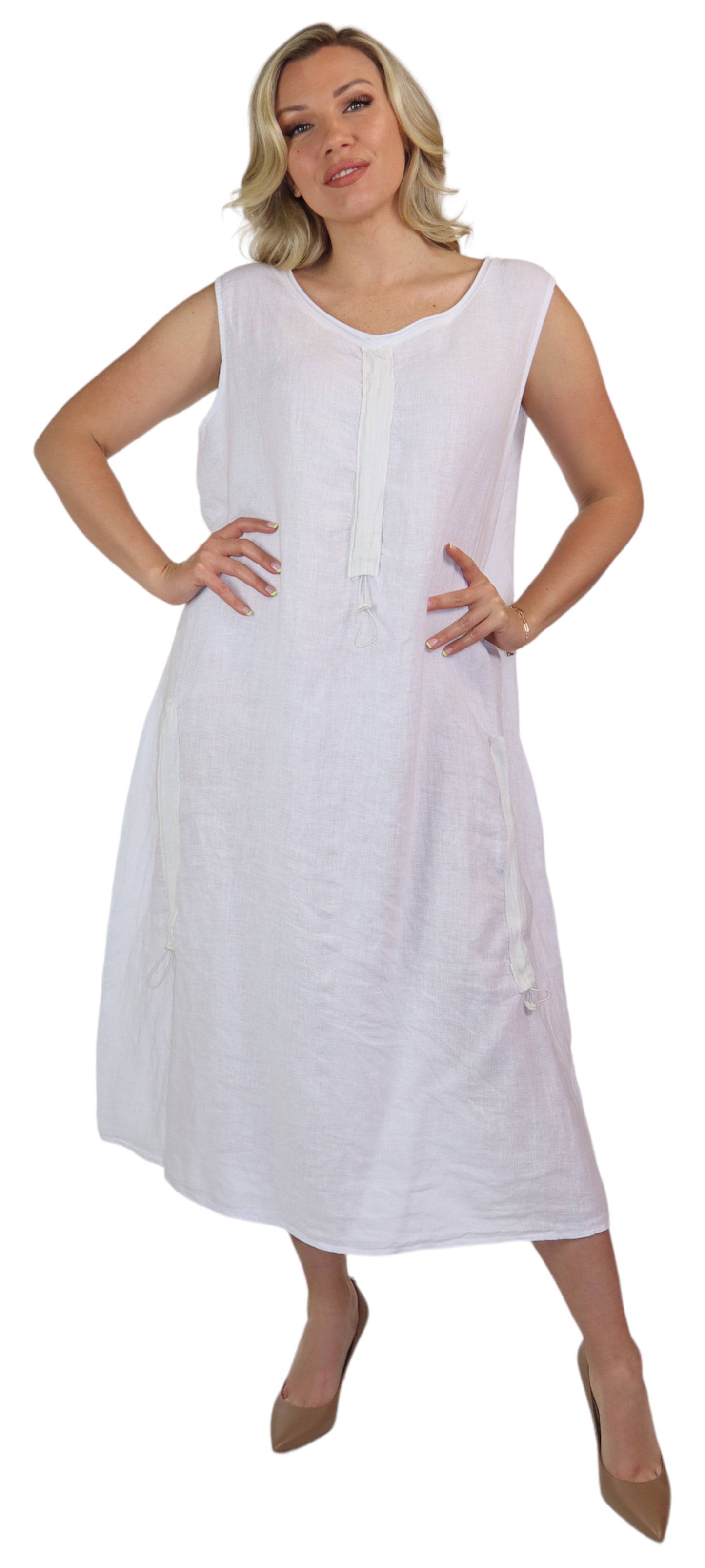 Womens All Natural Linen Ruched Dress with Adjustable Drawstring | Reg & Plus Sizes