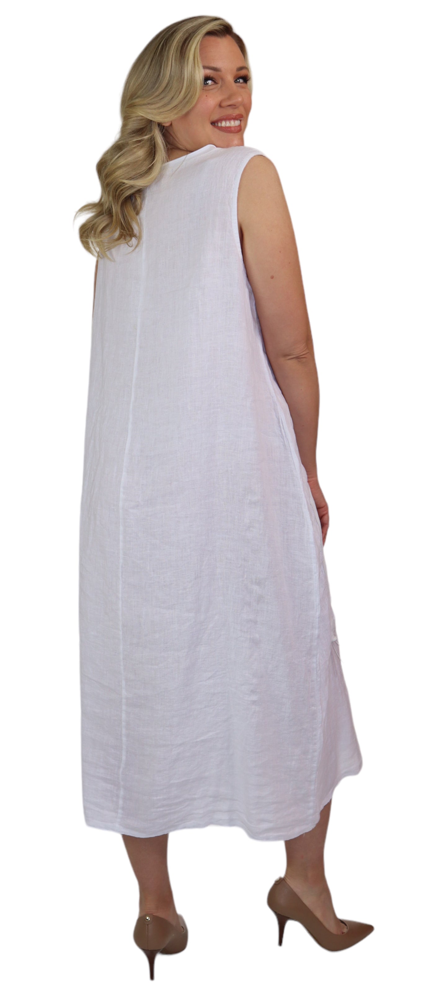 Womens All Natural Linen Ruched Dress with Adjustable Drawstring | Reg & Plus Sizes