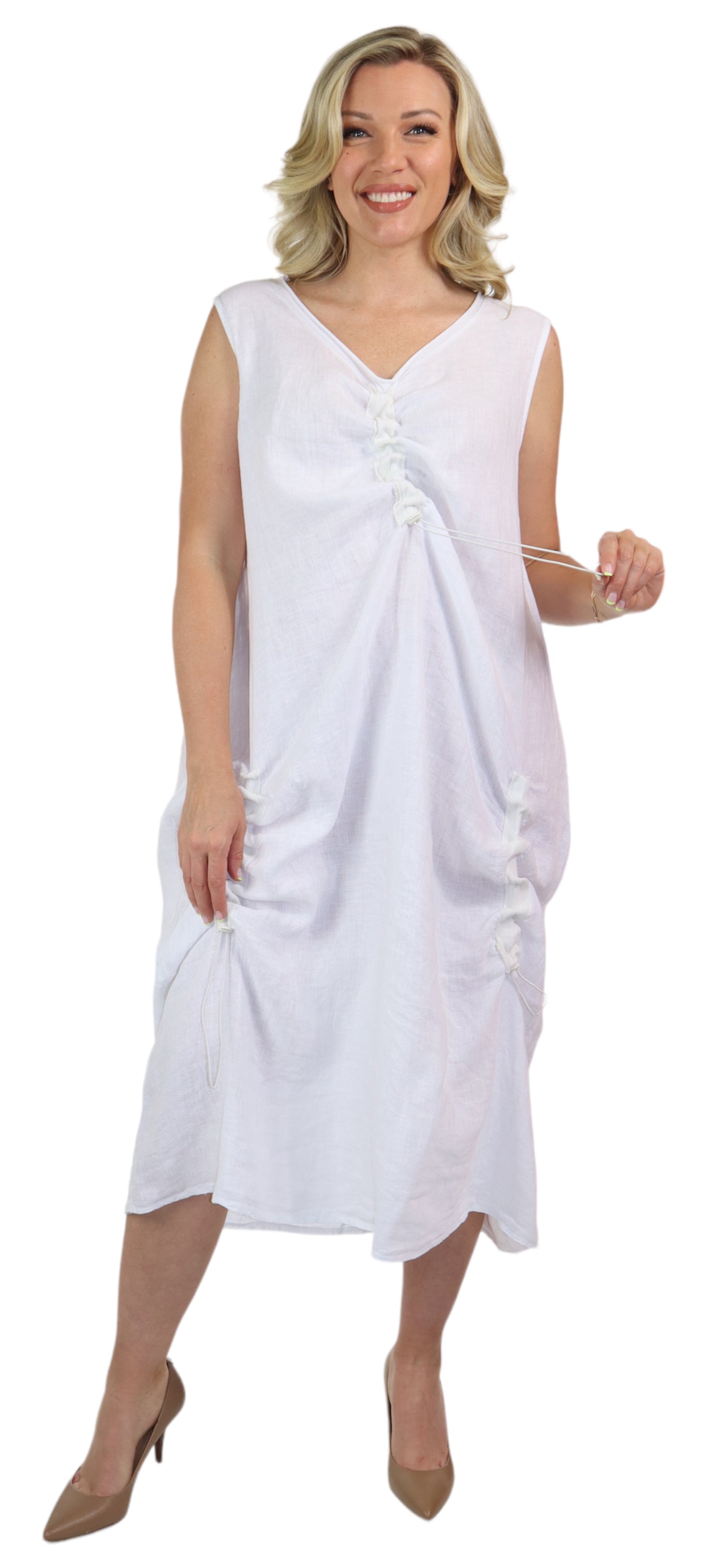 Womens All Natural Linen Ruched Dress with Adjustable Drawstring | Reg & Plus Sizes