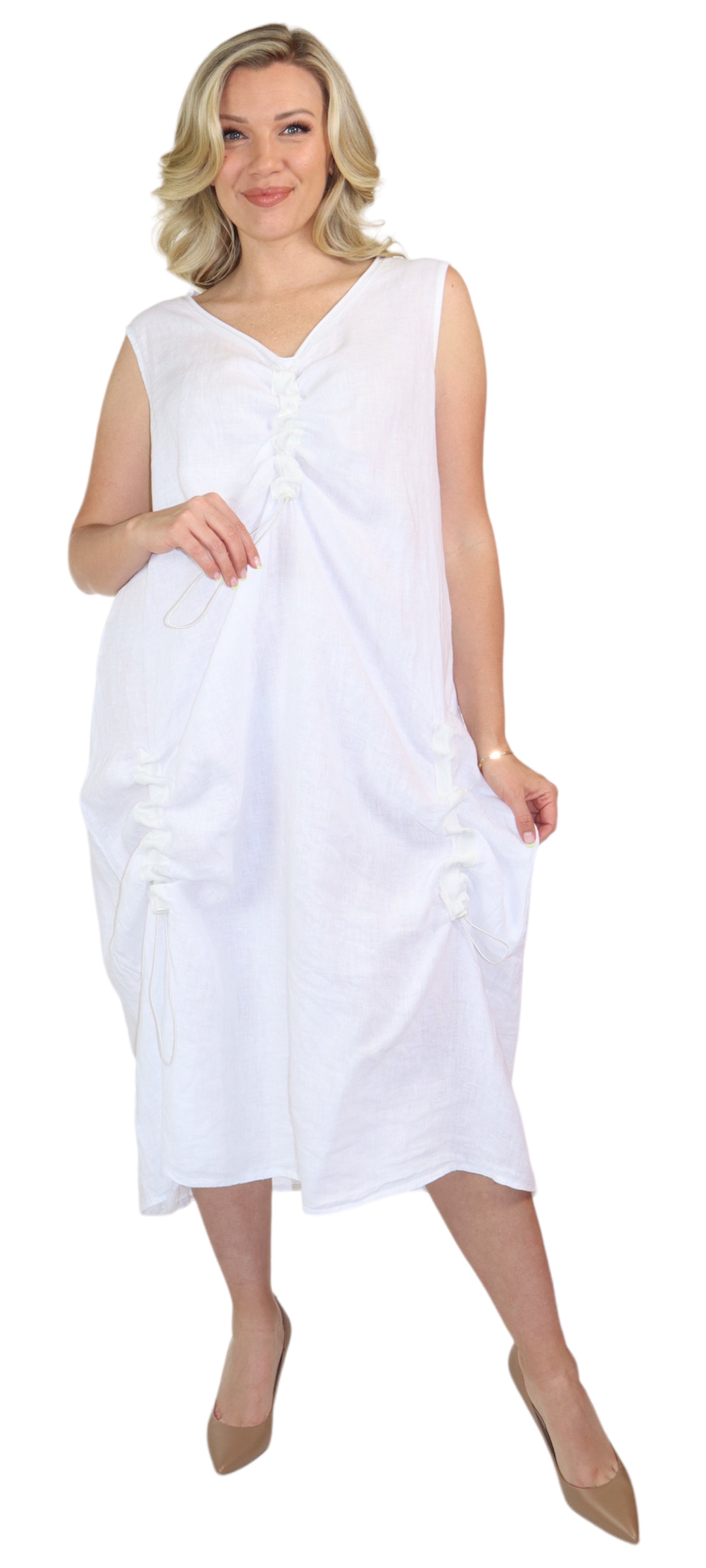 Womens All Natural Linen Ruched Dress with Adjustable Drawstring | Reg & Plus Sizes